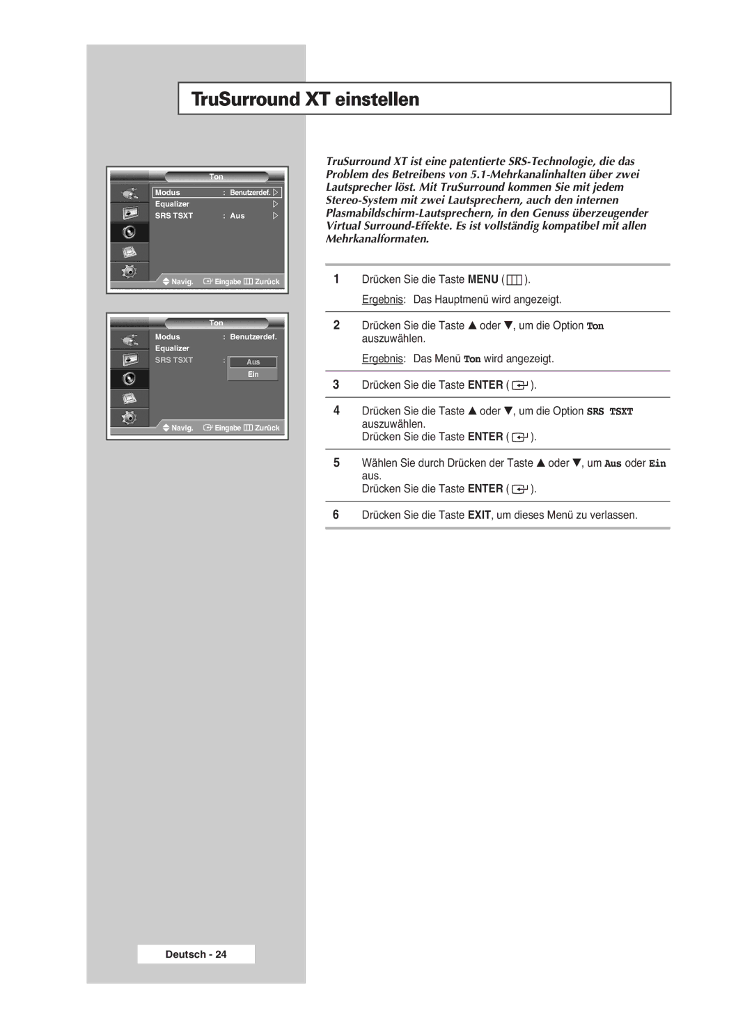 Samsung PPM63M6HSX/EDC, PPM42M6HSX/EDC, PPM50M6HSX/EDC manual TruSurround XT einstellen 