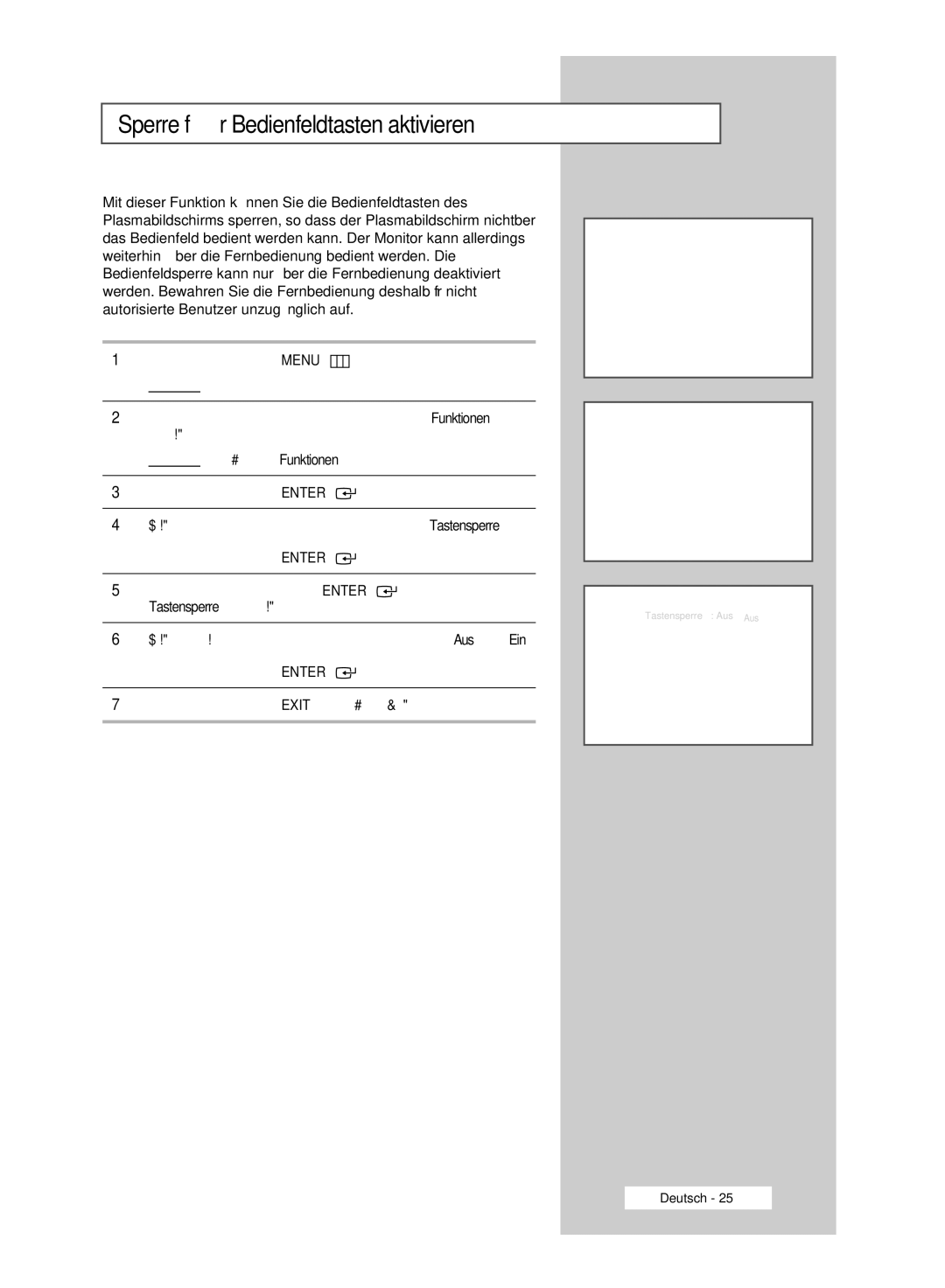 Samsung PPM42M6HSX/EDC, PPM63M6HSX/EDC, PPM50M6HSX/EDC Sperre für Bedienfeldtasten aktivieren, Tastensperre auszuwählen 