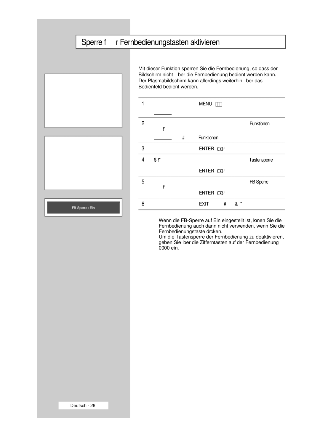 Samsung PPM50M6HSX/EDC, PPM63M6HSX/EDC, PPM42M6HSX/EDC manual Sperre für Fernbedienungstasten aktivieren 