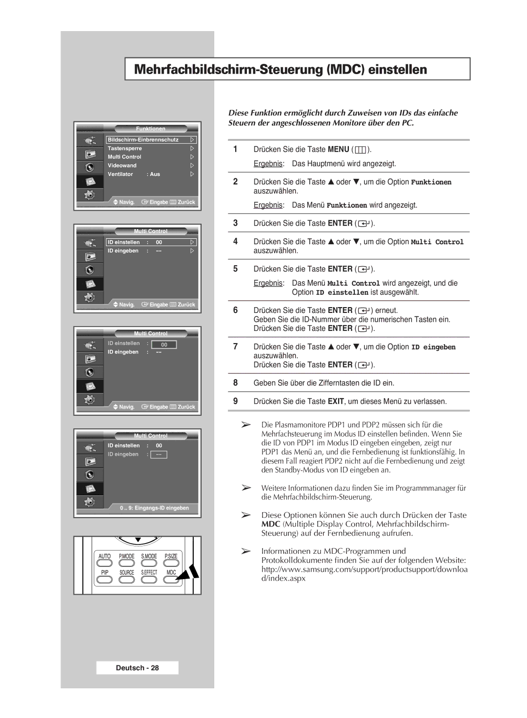 Samsung PPM42M6HSX/EDC, PPM63M6HSX/EDC, PPM50M6HSX/EDC manual Mehrfachbildschirm-Steuerung MDC einstellen 