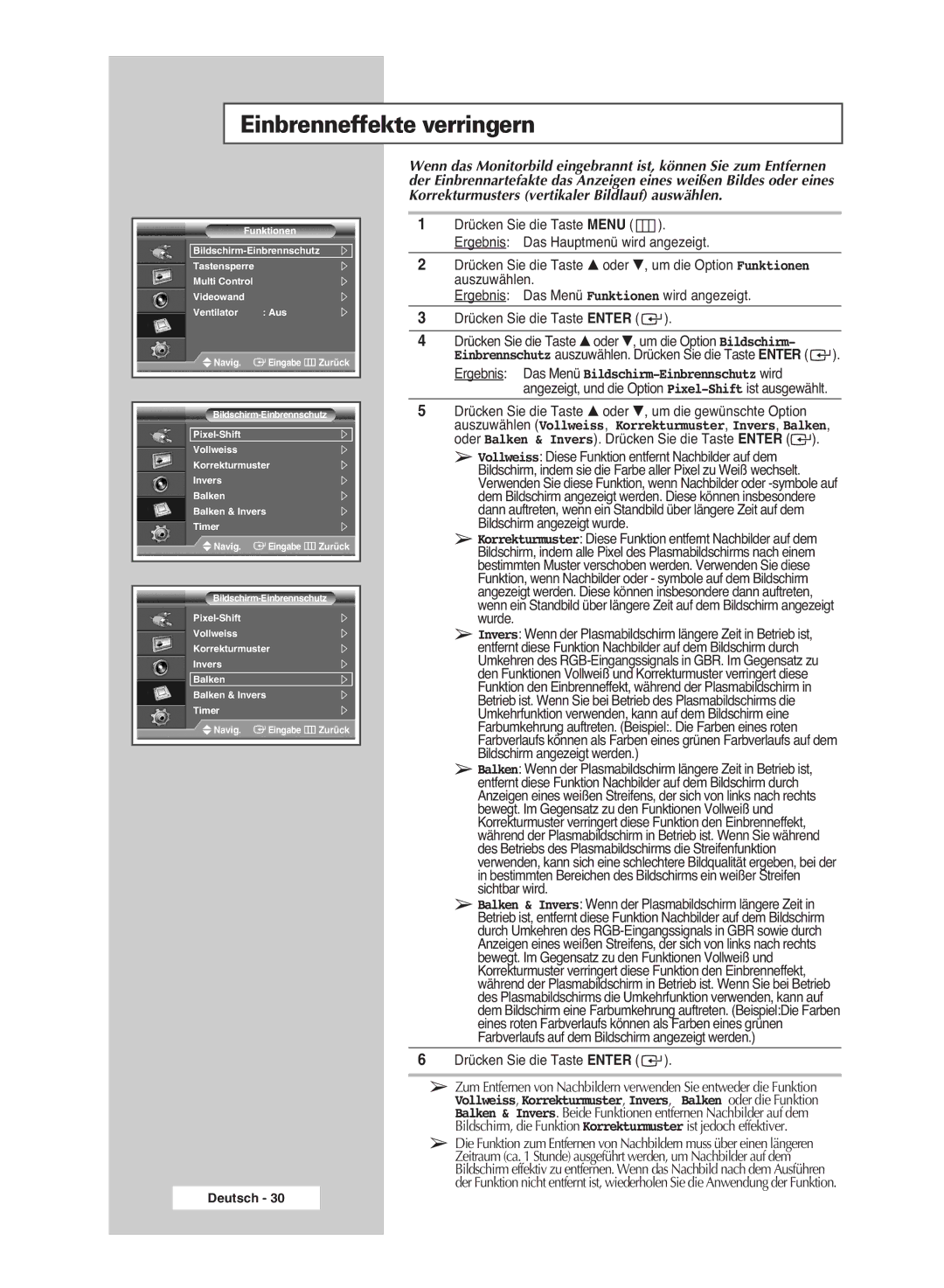 Samsung PPM63M6HSX/EDC, PPM42M6HSX/EDC, PPM50M6HSX/EDC manual Einbrenneffekte verringern 