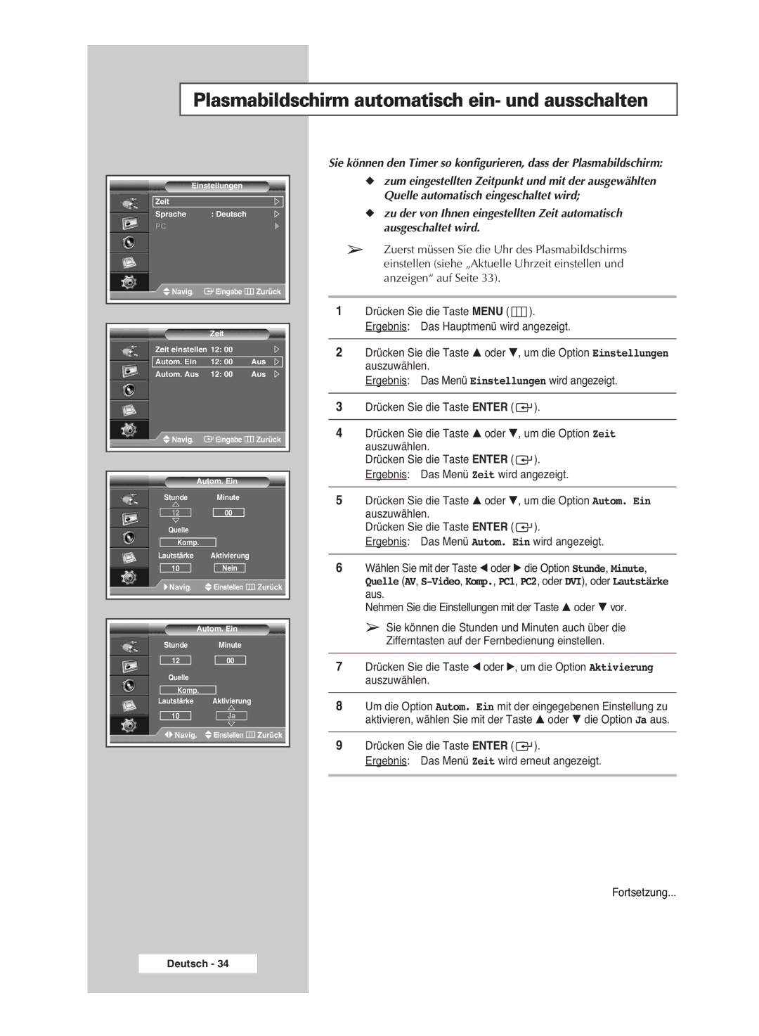 Samsung PPM42M6HSX/EDC, PPM63M6HSX/EDC, PPM50M6HSX/EDC manual Plasmabildschirm automatisch ein- und ausschalten 