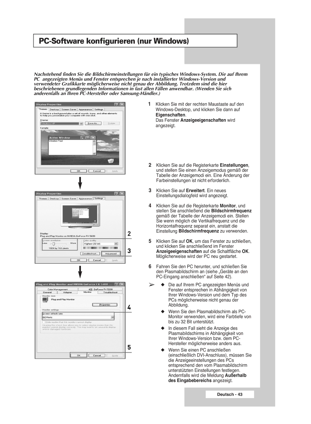 Samsung PPM42M6HSX/EDC manual PC-Software konfigurieren nur Windows, Das Fenster Anzeigeeigenschaften wird angezeigt 