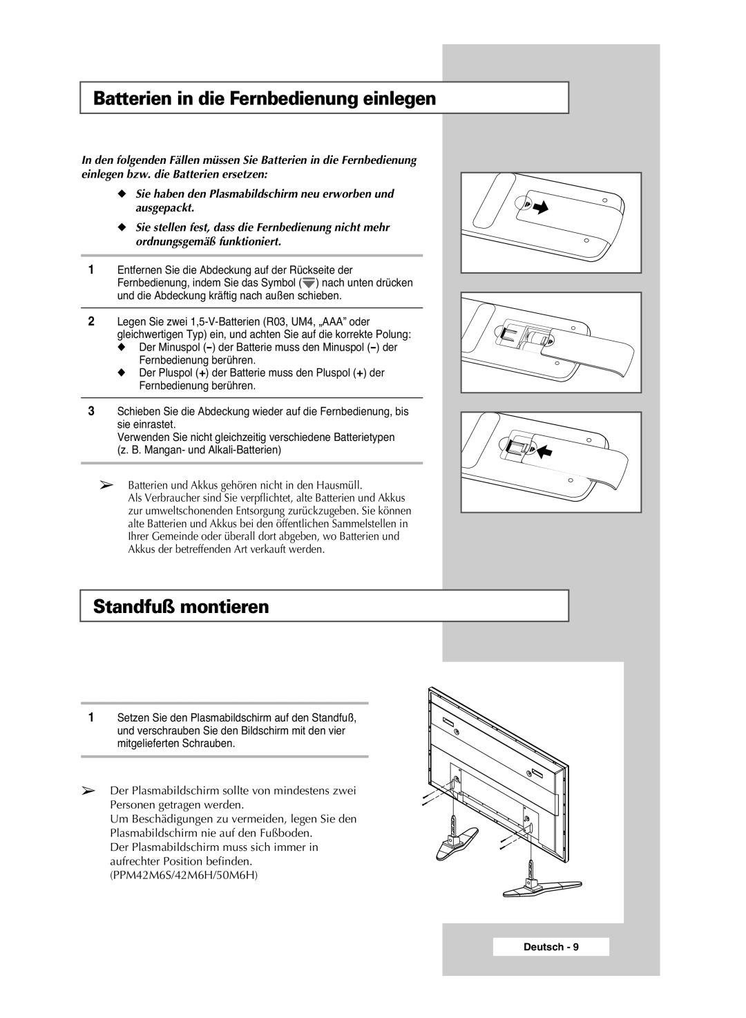 Samsung PPM63M6HSX/EDC, PPM42M6HSX/EDC, PPM50M6HSX/EDC manual Batterien in die Fernbedienung einlegen, Standfuß montieren 