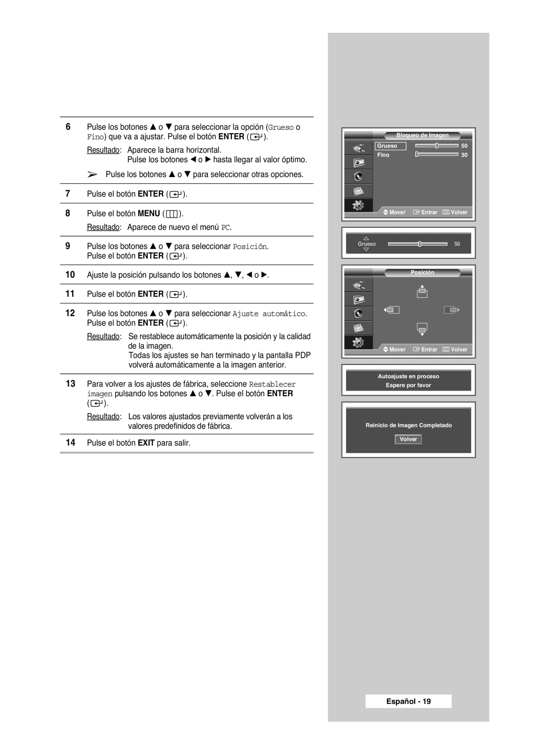 Samsung PPM42M6HSX/EDC, PPM63M6HSX/EDC, PPM50M6HSX/EDC manual Bloqueo de Imagen Grueso Fino Mover Entrar Volver 