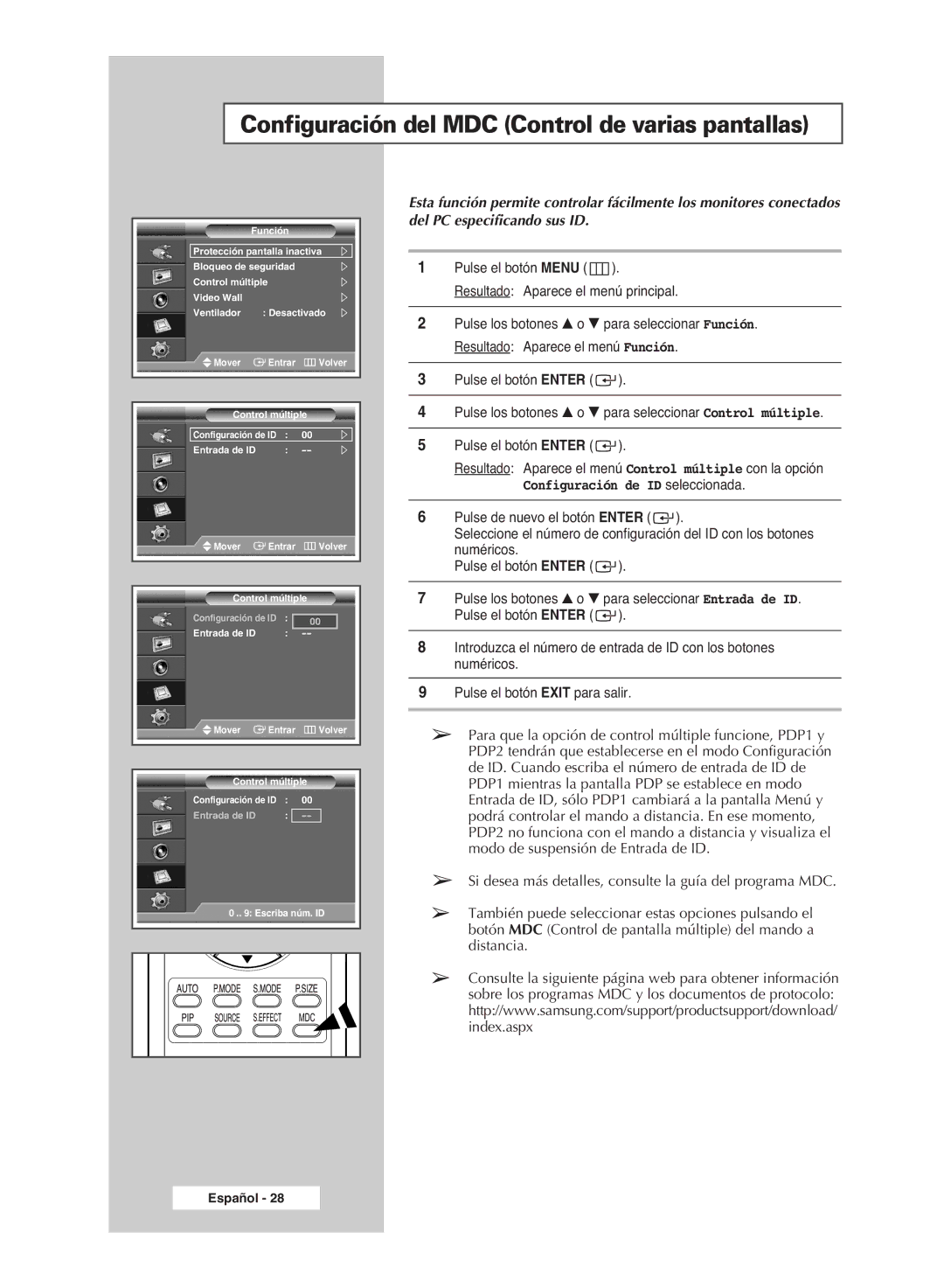 Samsung PPM42M6HSX/EDC, PPM63M6HSX/EDC Configuración del MDC Control de varias pantallas, Configuración de ID seleccionada 