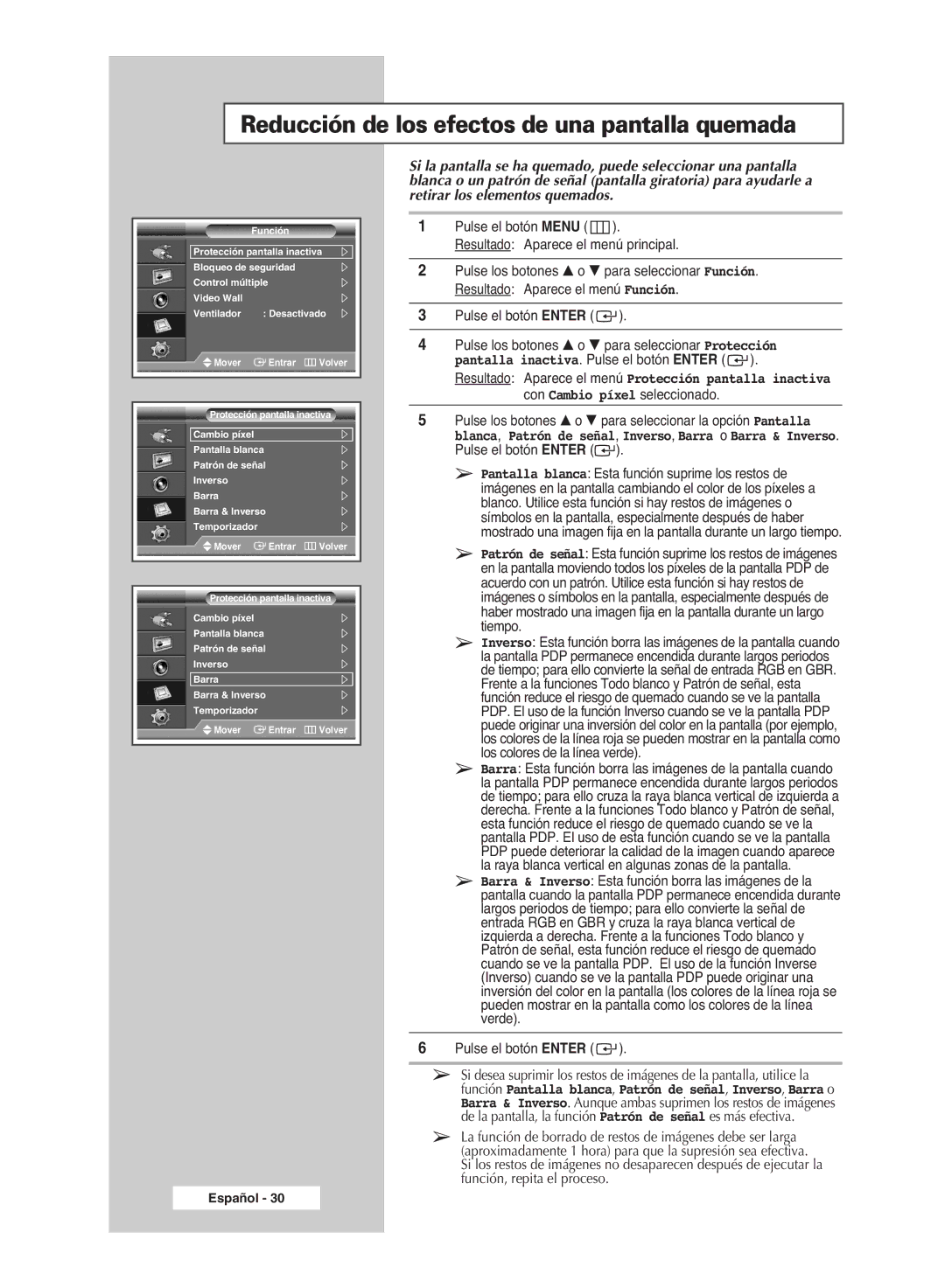 Samsung PPM63M6HSX/EDC, PPM42M6HSX/EDC, PPM50M6HSX/EDC manual Reducción de los efectos de una pantalla quemada 