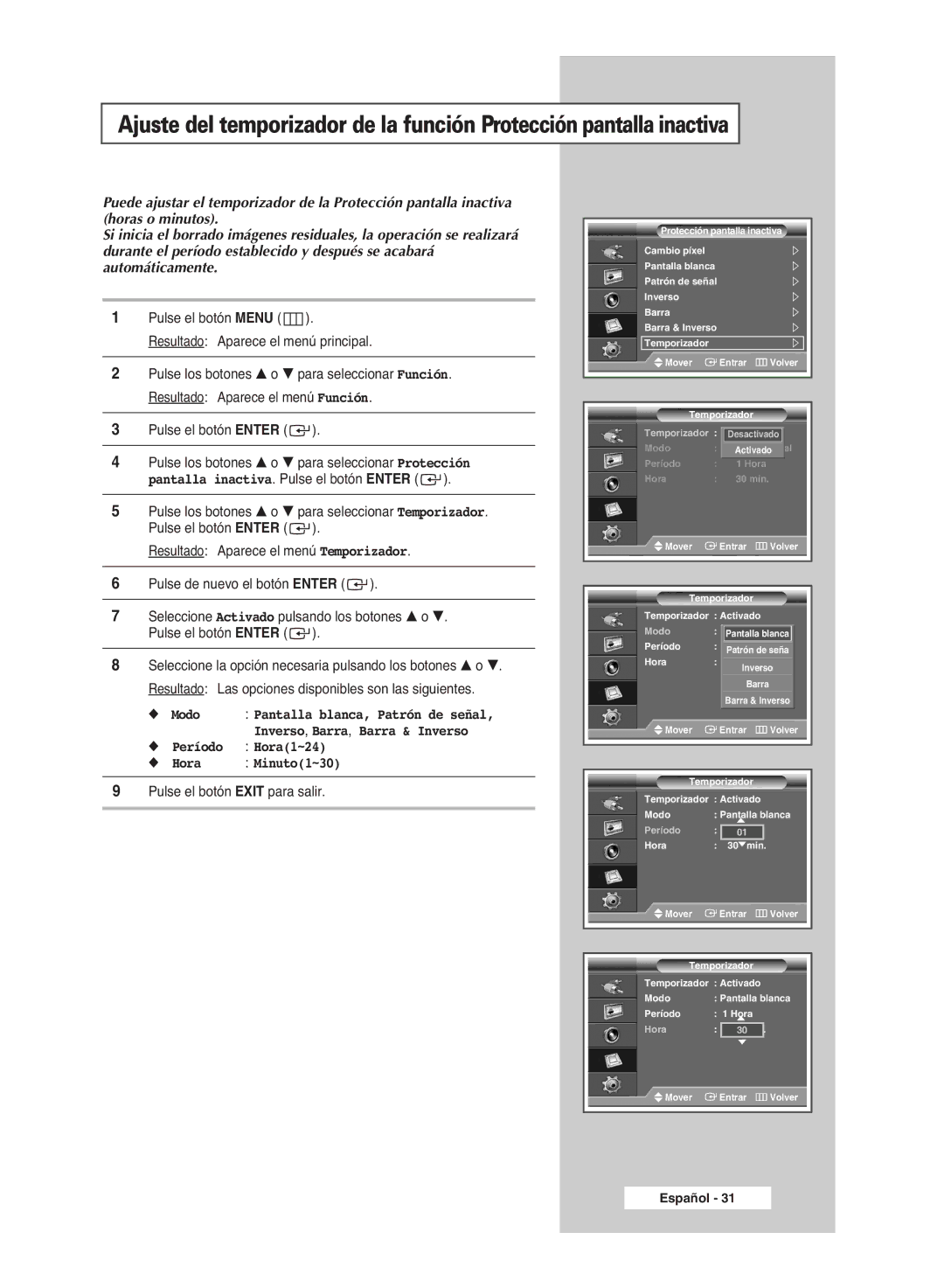 Samsung PPM42M6HSX/EDC, PPM63M6HSX/EDC, PPM50M6HSX/EDC manual Período Hora1~24 Hora Minuto1~30 