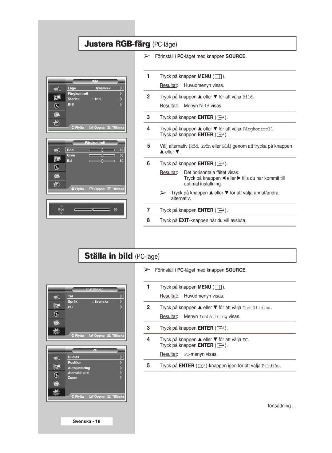 Samsung PPM63M6HSX/EDC manual Justera RGB-färg PC-läge, Ställa in bild PC-läge, Förinställ i PC-läget med knappen Source 