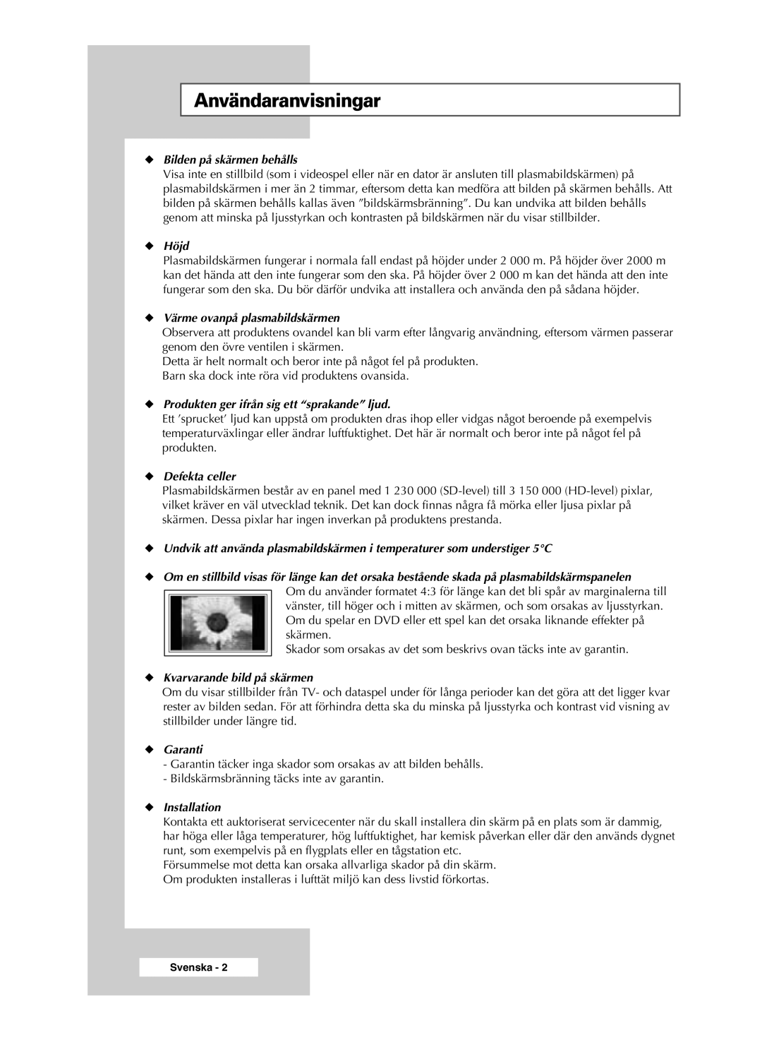 Samsung PPM50M6HSX/EDC, PPM63M6HSX/EDC, PPM42M6HSX/EDC manual Användaranvisningar, Bilden på skärmen behålls 