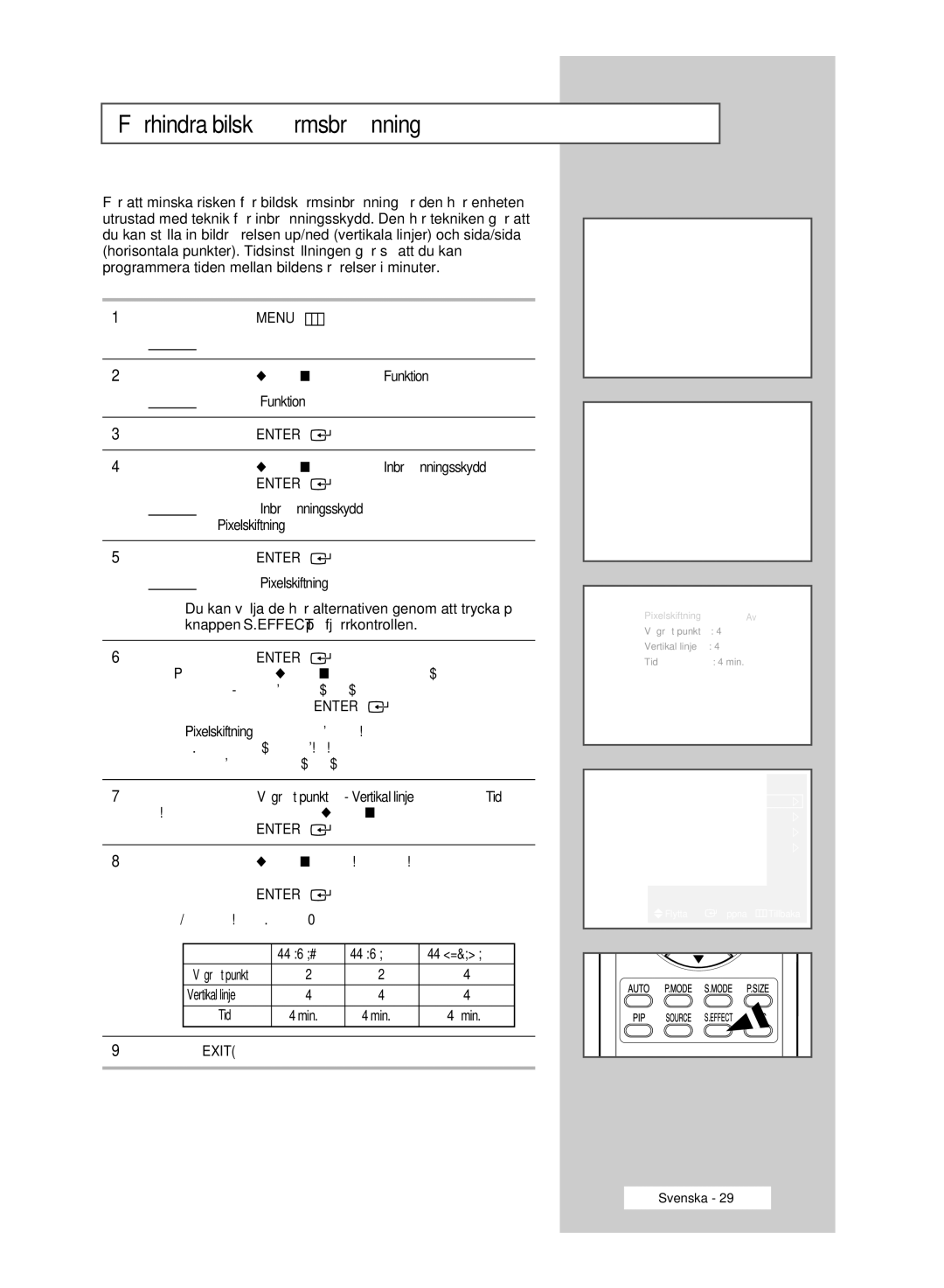 Samsung PPM50M6HSX/EDC, PPM63M6HSX/EDC, PPM42M6HSX/EDC manual Förhindra bilskärmsbränning, Min 