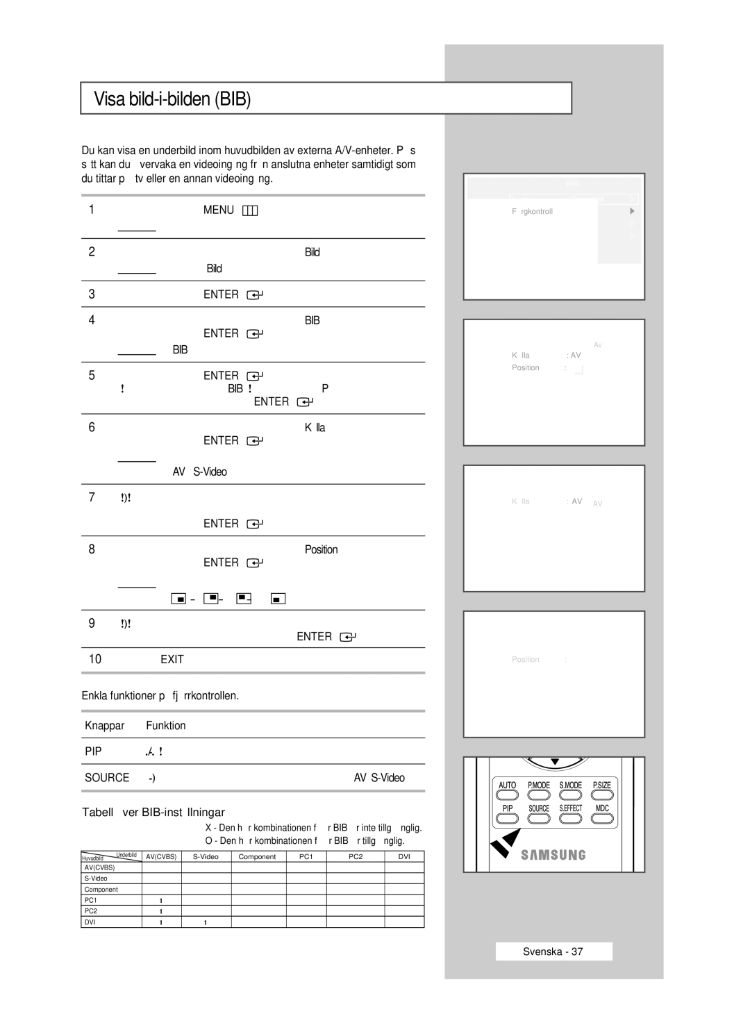 Samsung PPM42M6HSX/EDC, PPM63M6HSX/EDC, PPM50M6HSX/EDC manual Visa bild-i-bilden BIB, AV S-Video 