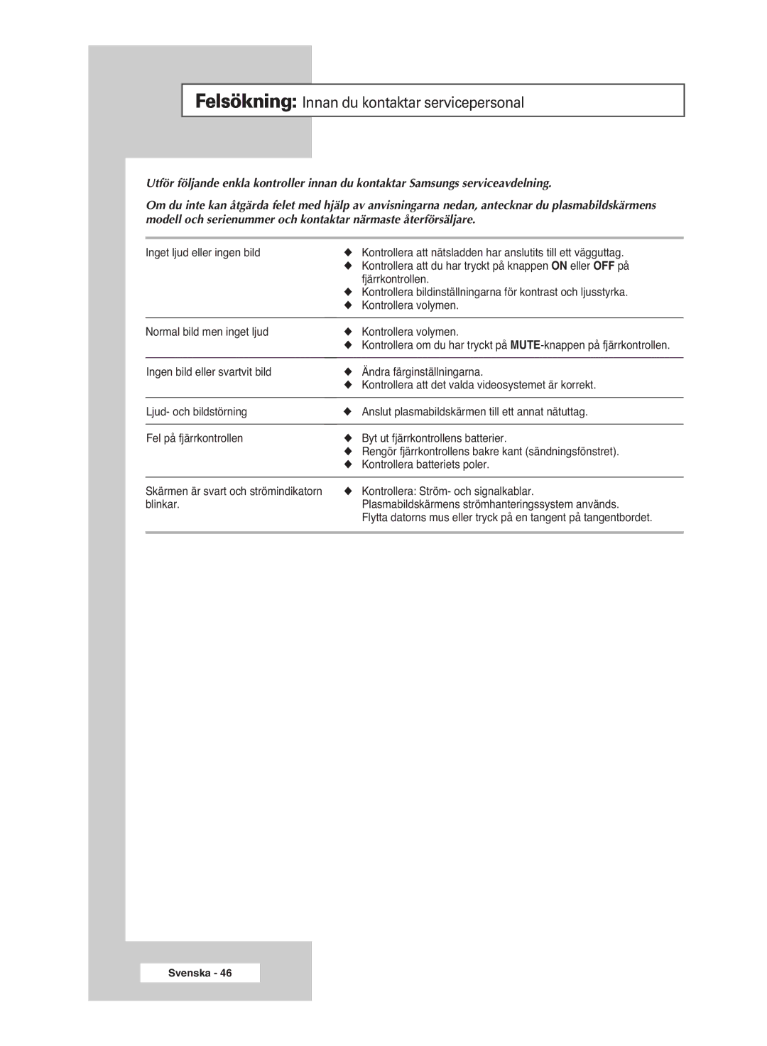 Samsung PPM42M6HSX/EDC manual Kontrollera Ström- och signalkablar, Blinkar Plasmabildskärmens strömhanteringssystem används 