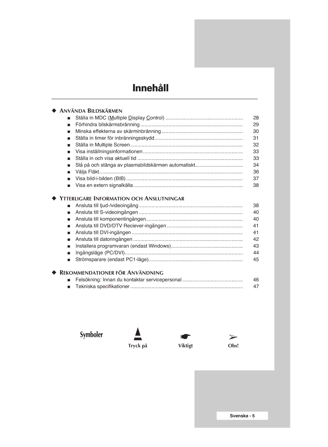 Samsung PPM50M6HSX/EDC, PPM63M6HSX/EDC, PPM42M6HSX/EDC manual Symboler 