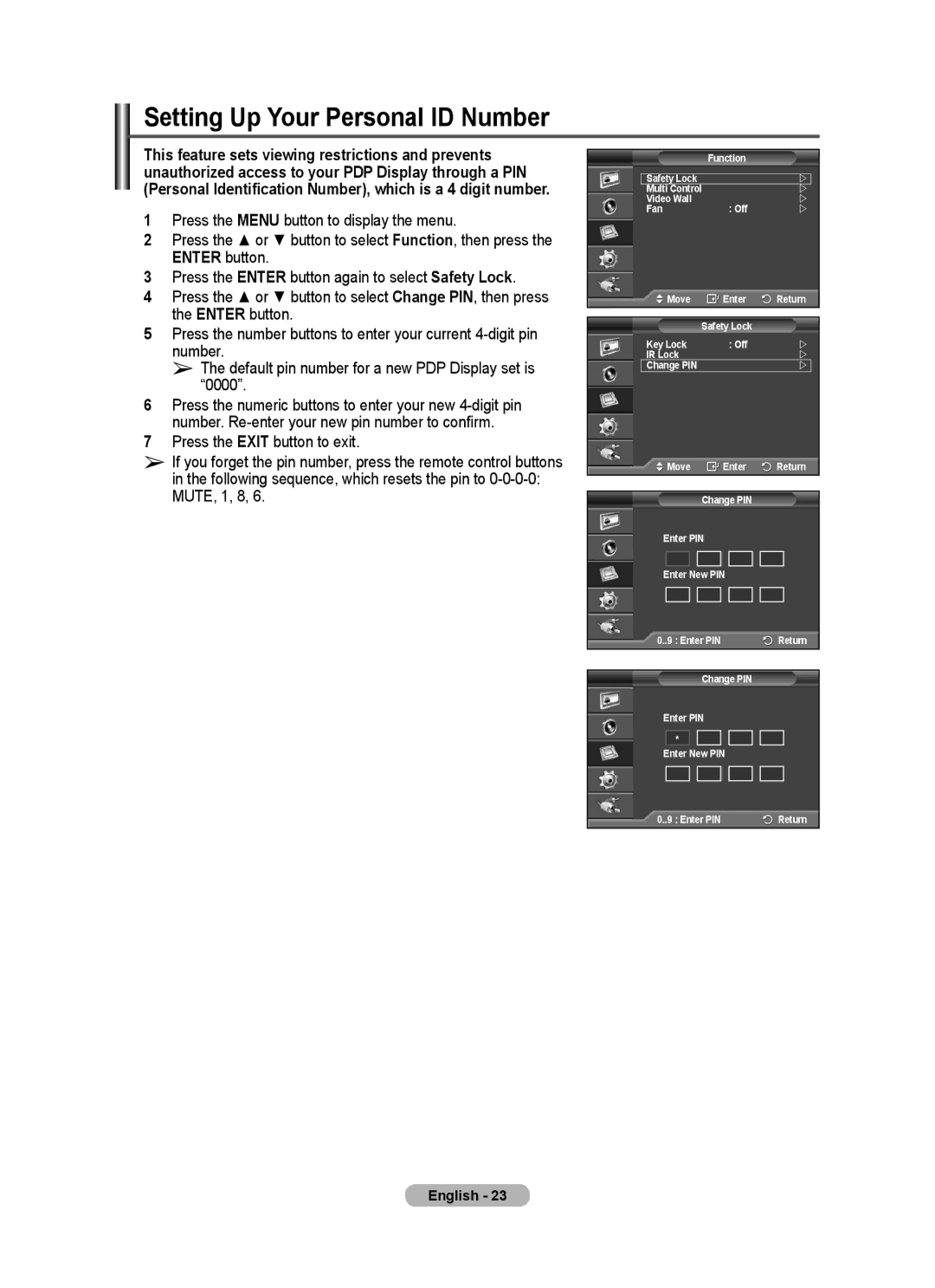 Samsung PPM63M7FB manual Setting Up Your Personal ID Number 