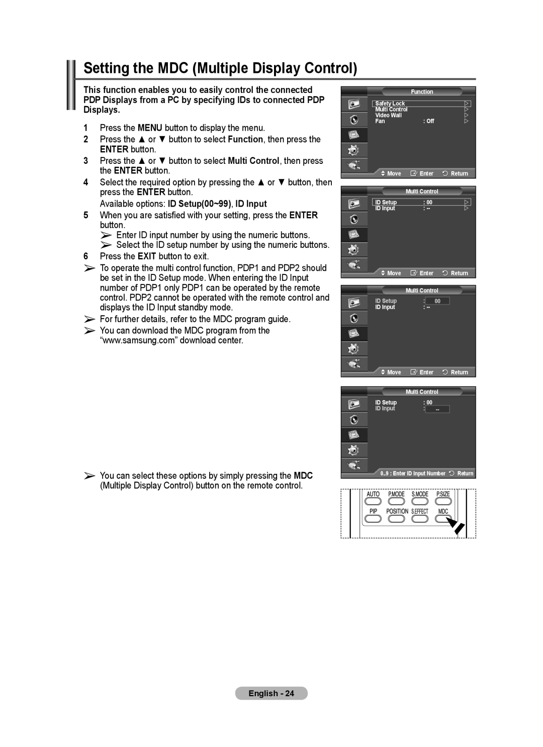 Samsung PPM63M7FB manual Setting the MDC Multiple Display Control, Available options ID Setup00~99, ID Input 