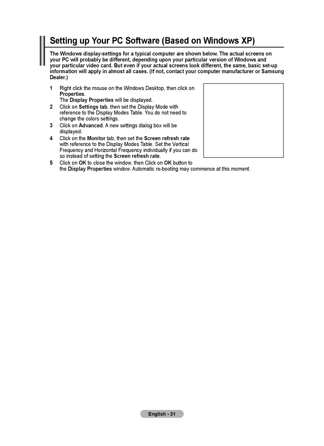 Samsung PPM63M7FB manual Setting up Your PC Software Based on Windows XP 