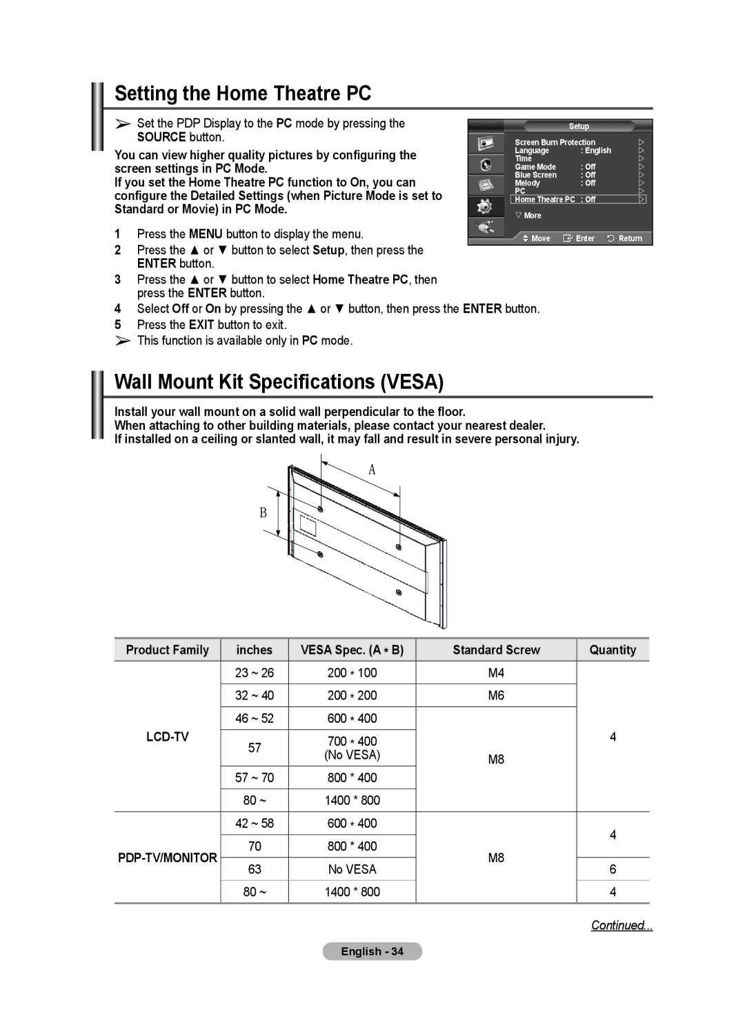 Samsung PPM63M7FB manual Setting the Home Theatre PC, Wall Mount Kit Specifications Vesa 