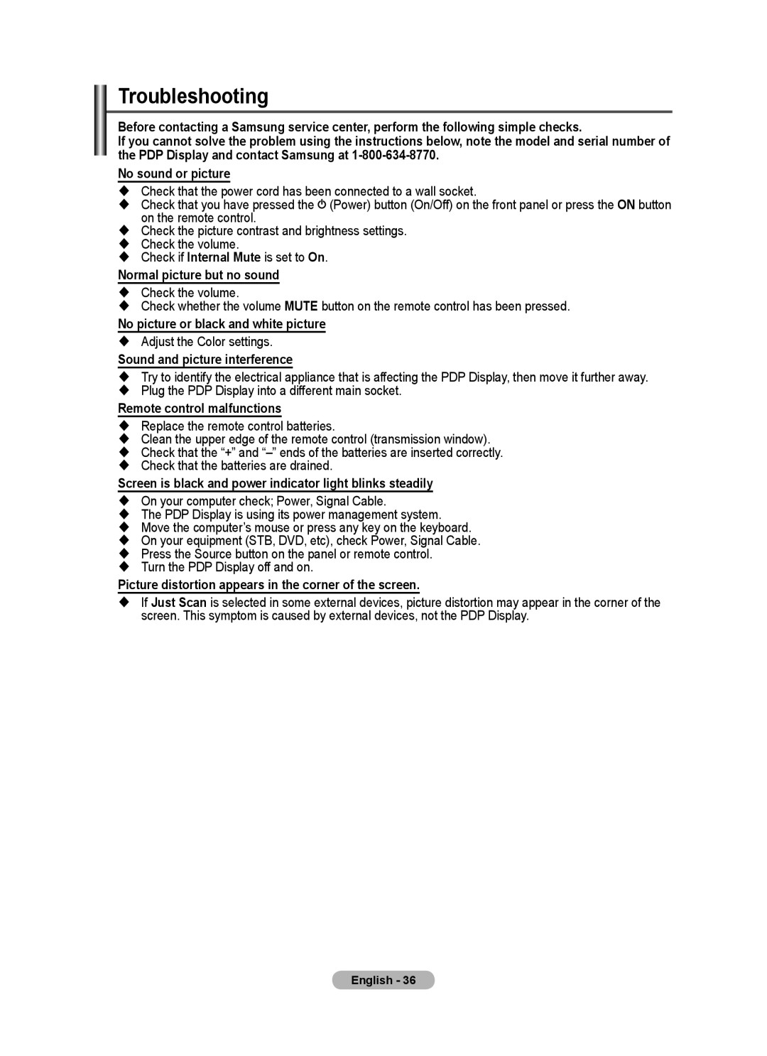 Samsung PPM63M7FB manual Troubleshooting 