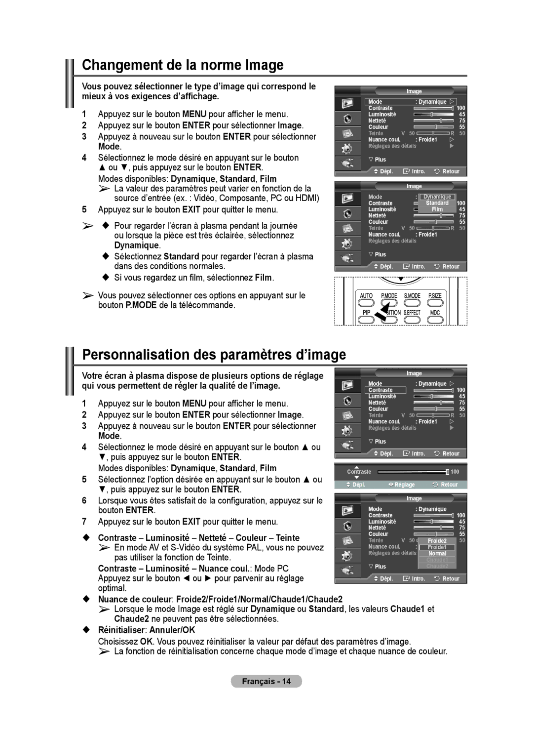 Samsung PPM63M7FSX/EDC Changement de la norme Image, Personnalisation des paramètres d’image,  Réinitialiser Annuler/OK 