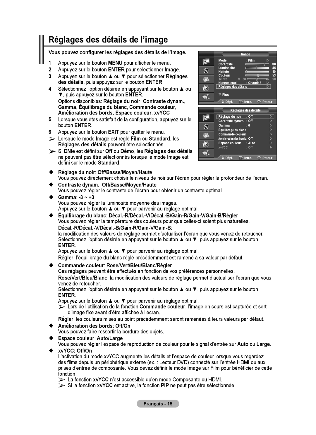 Samsung PPM63M7FSX/EDC manual Réglages des détails de l’image 