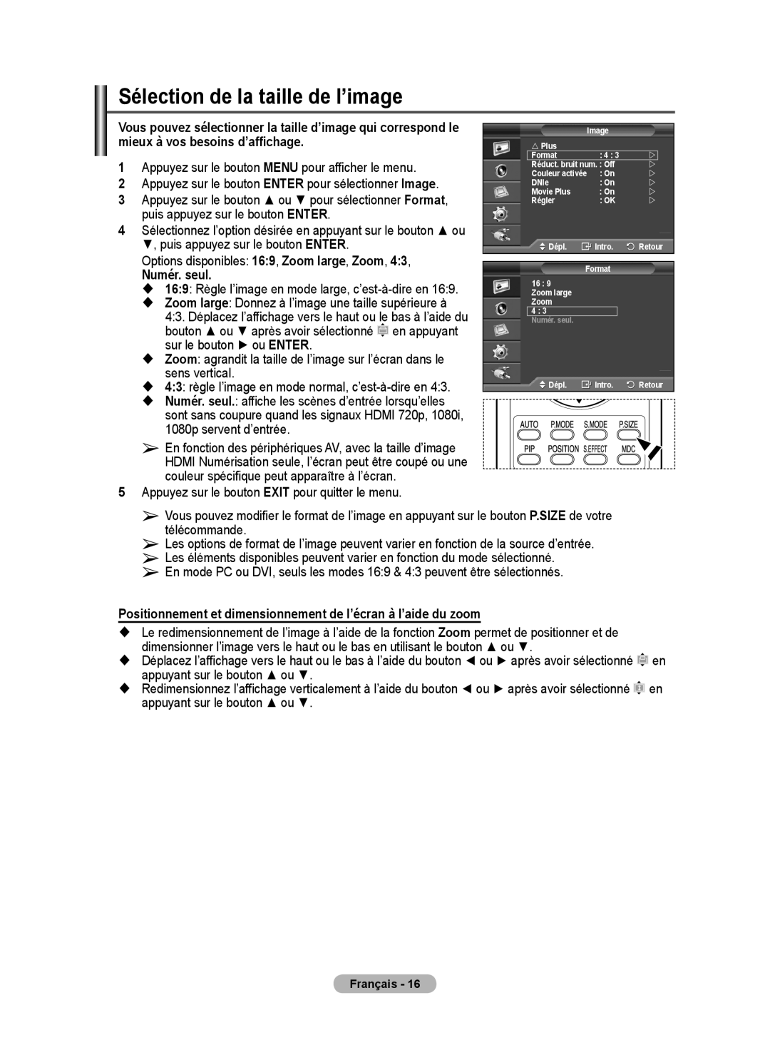 Samsung PPM63M7FSX/EDC manual Sélection de la taille de l’image, Numér. seul 