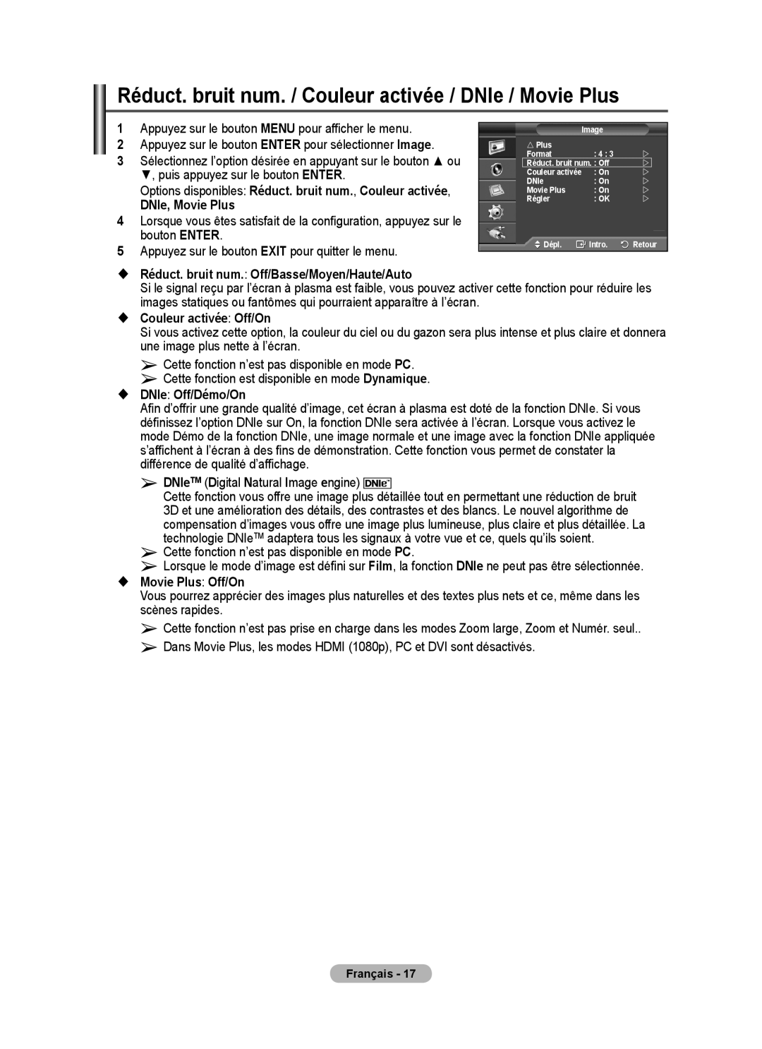 Samsung PPM63M7FSX/EDC manual Réduct. bruit num. / Couleur activée / DNIe / Movie Plus,  Couleur activée Off/On 