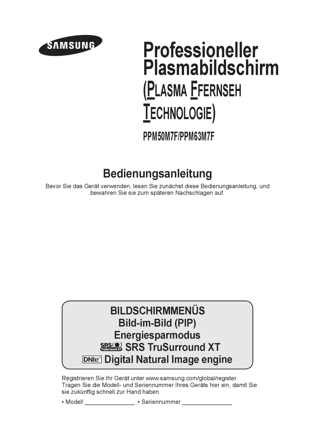 Samsung PPM63M7FSX/EDC manual Plasmabildschirm 