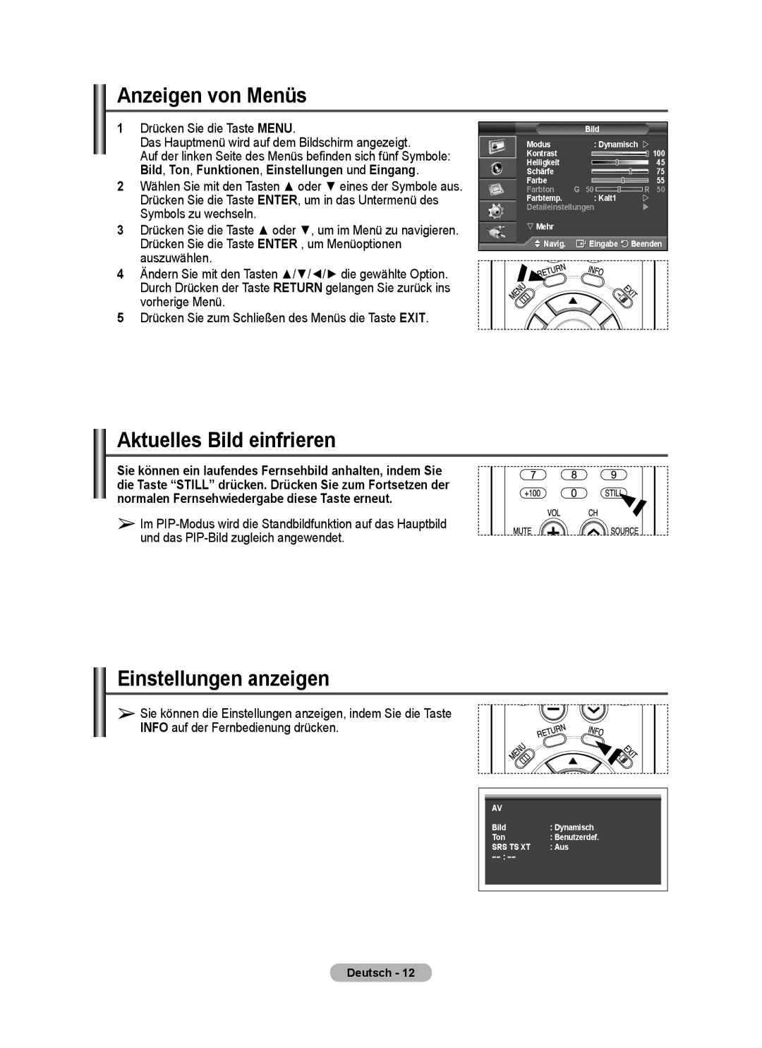 Samsung PPM63M7FSX/EDC manual Anzeigen von Menüs, Aktuelles Bild einfrieren, Einstellungen anzeigen 