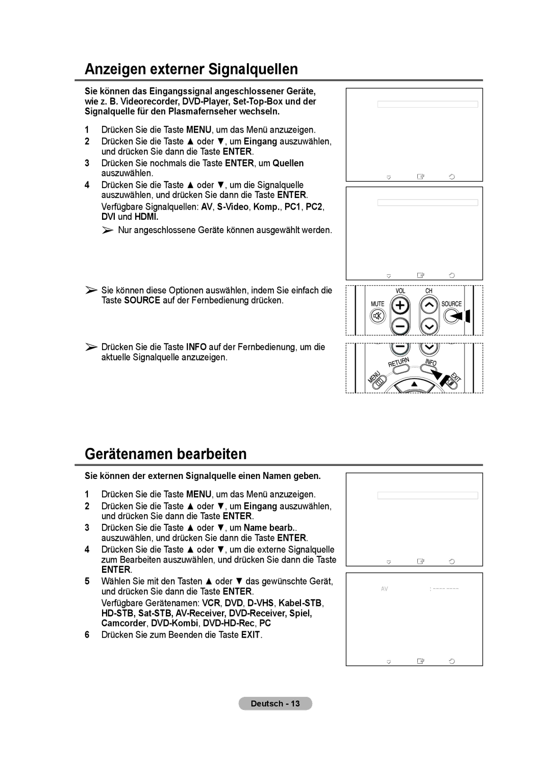 Samsung PPM63M7FSX/EDC Anzeigen externer Signalquellen, Gerätenamen bearbeiten, Drücken Sie zum Beenden die Taste Exit 