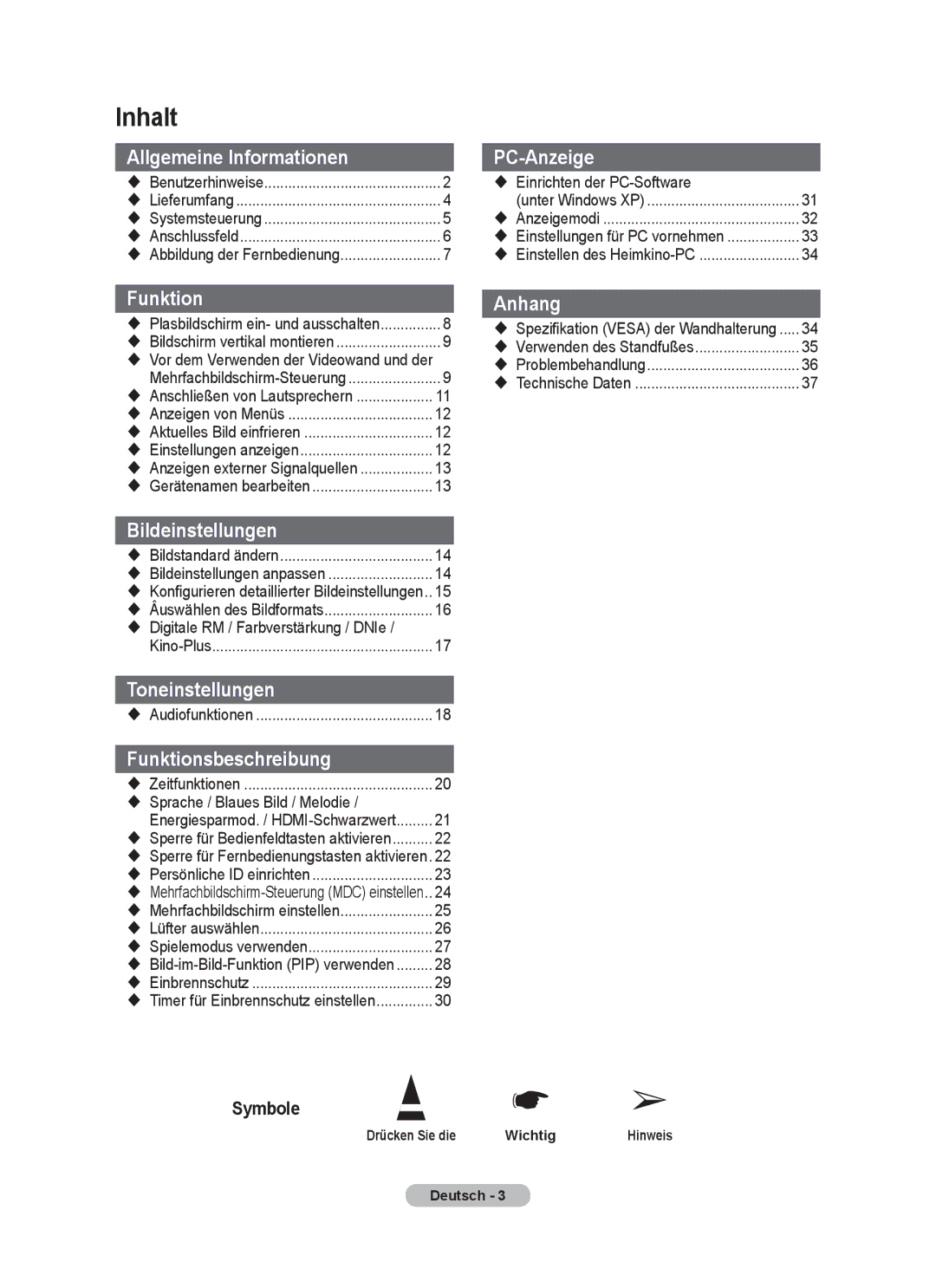 Samsung PPM63M7FSX/EDC manual Inhalt 