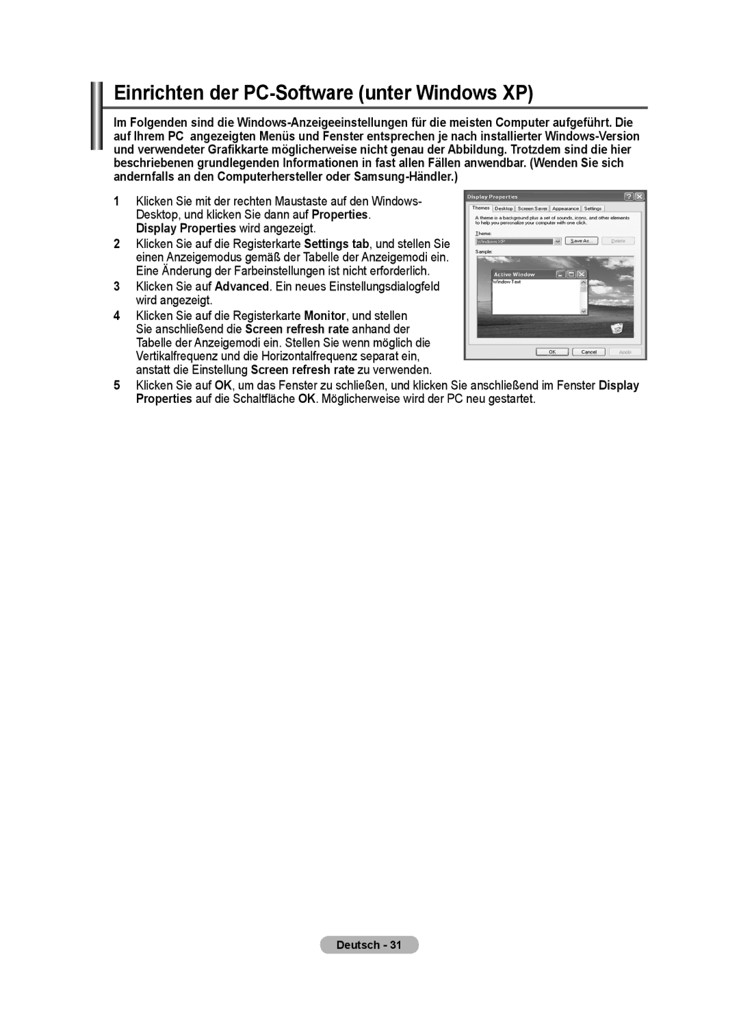 Samsung PPM63M7FSX/EDC manual Einrichten der PC-Software unter Windows XP, Display Properties wird angezeigt 