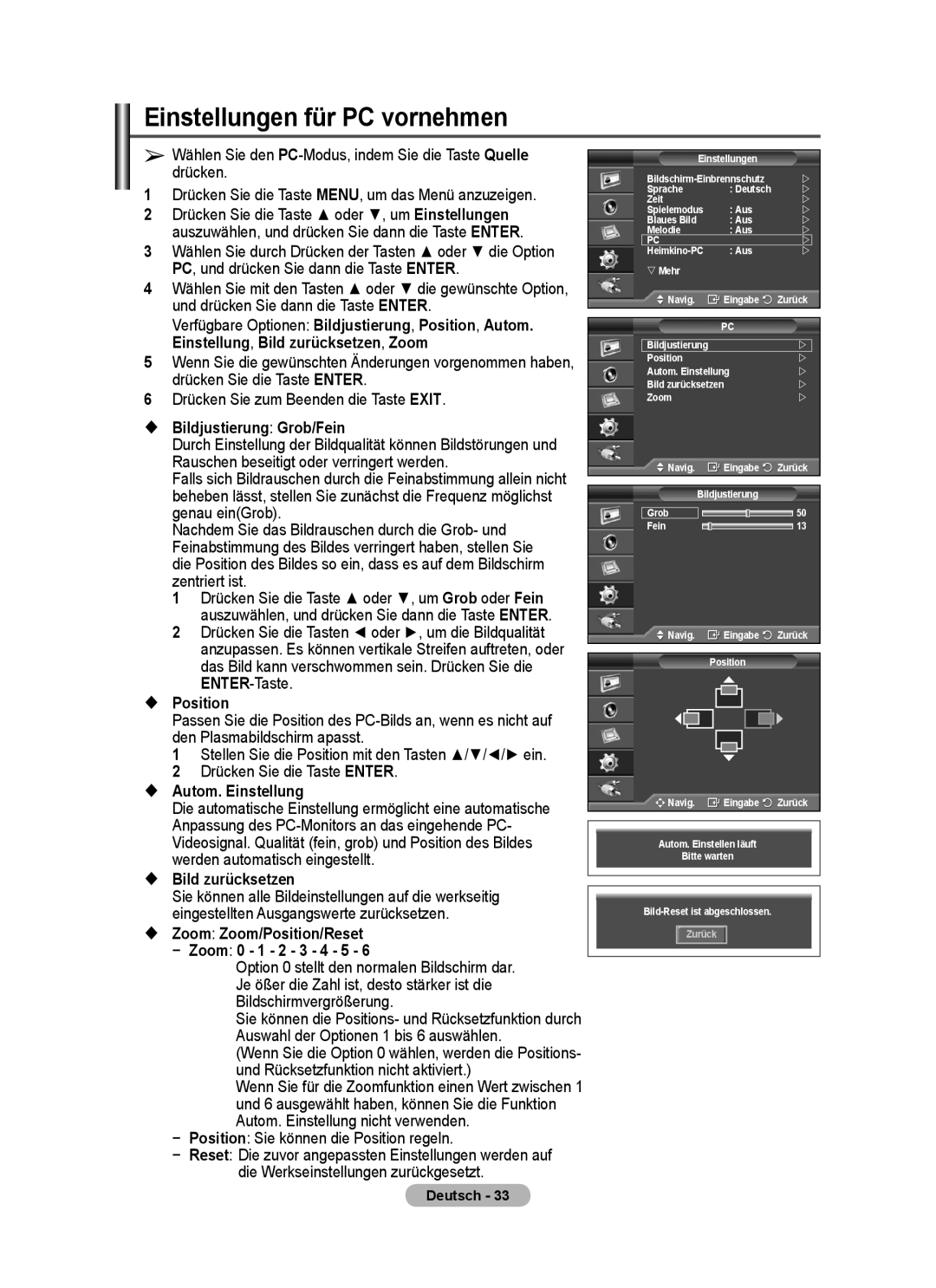 Samsung PPM63M7FSX/EDC manual Einstellungen für PC vornehmen,  Bildjustierung Grob/Fein,  Autom. Einstellung 