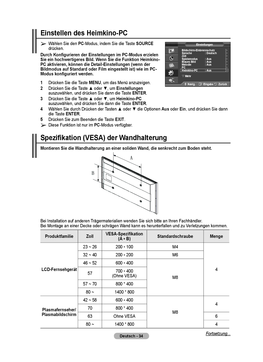 Samsung PPM63M7FSX/EDC Einstellen des Heimkino-PC, Spezifikation Vesa der Wandhalterung, Zoll, Standardschraube Menge 