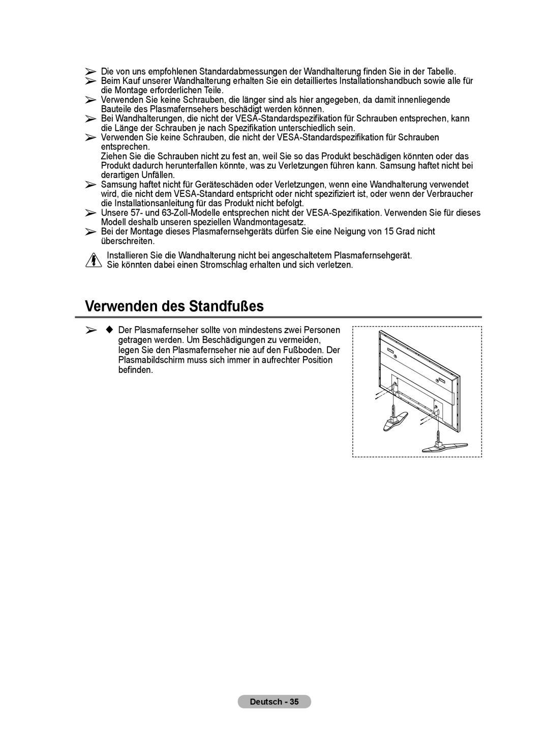 Samsung PPM63M7FSX/EDC manual Verwenden des Standfußes 