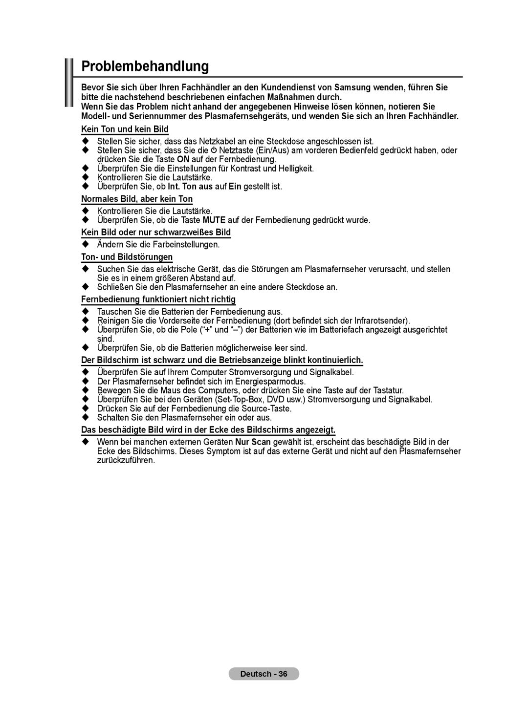 Samsung PPM63M7FSX/EDC manual Problembehandlung 