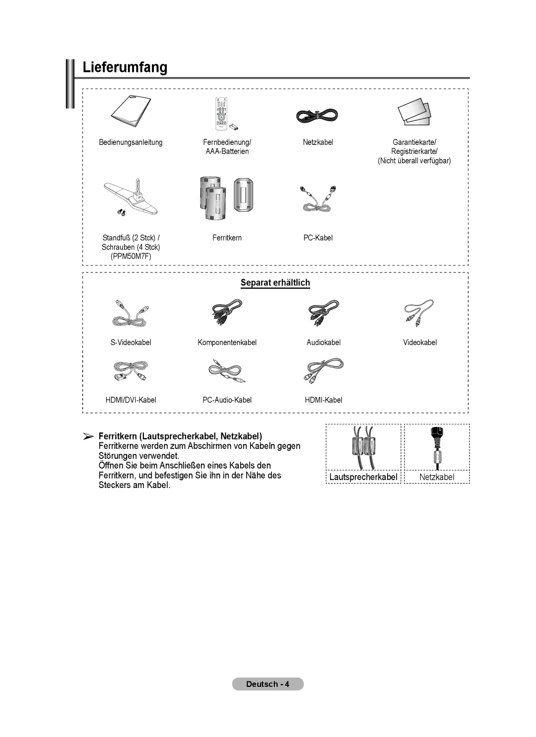 Samsung PPM63M7FSX/EDC manual Lieferumfang, Separat erhältlich, Ferritkern Lautsprecherkabel, Netzkabel, Steckers am Kabel 