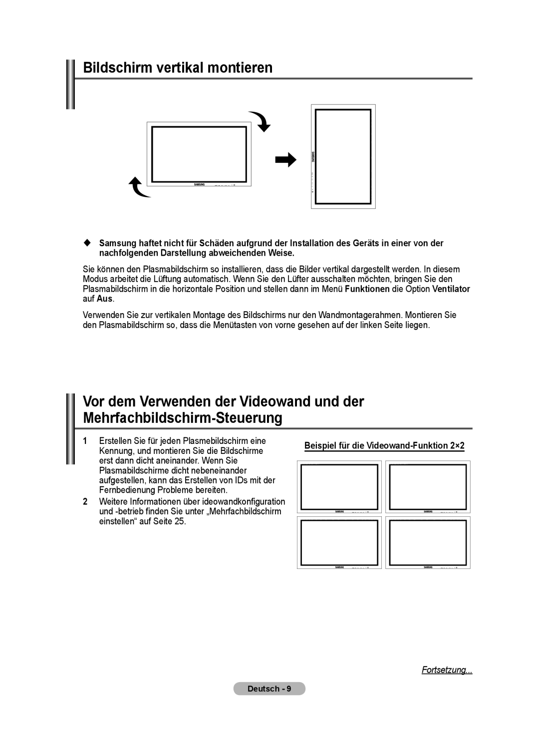 Samsung PPM63M7FSX/EDC manual Bildschirm vertikal montieren, Erstellen Sie für jeden Plasmebildschirm eine 