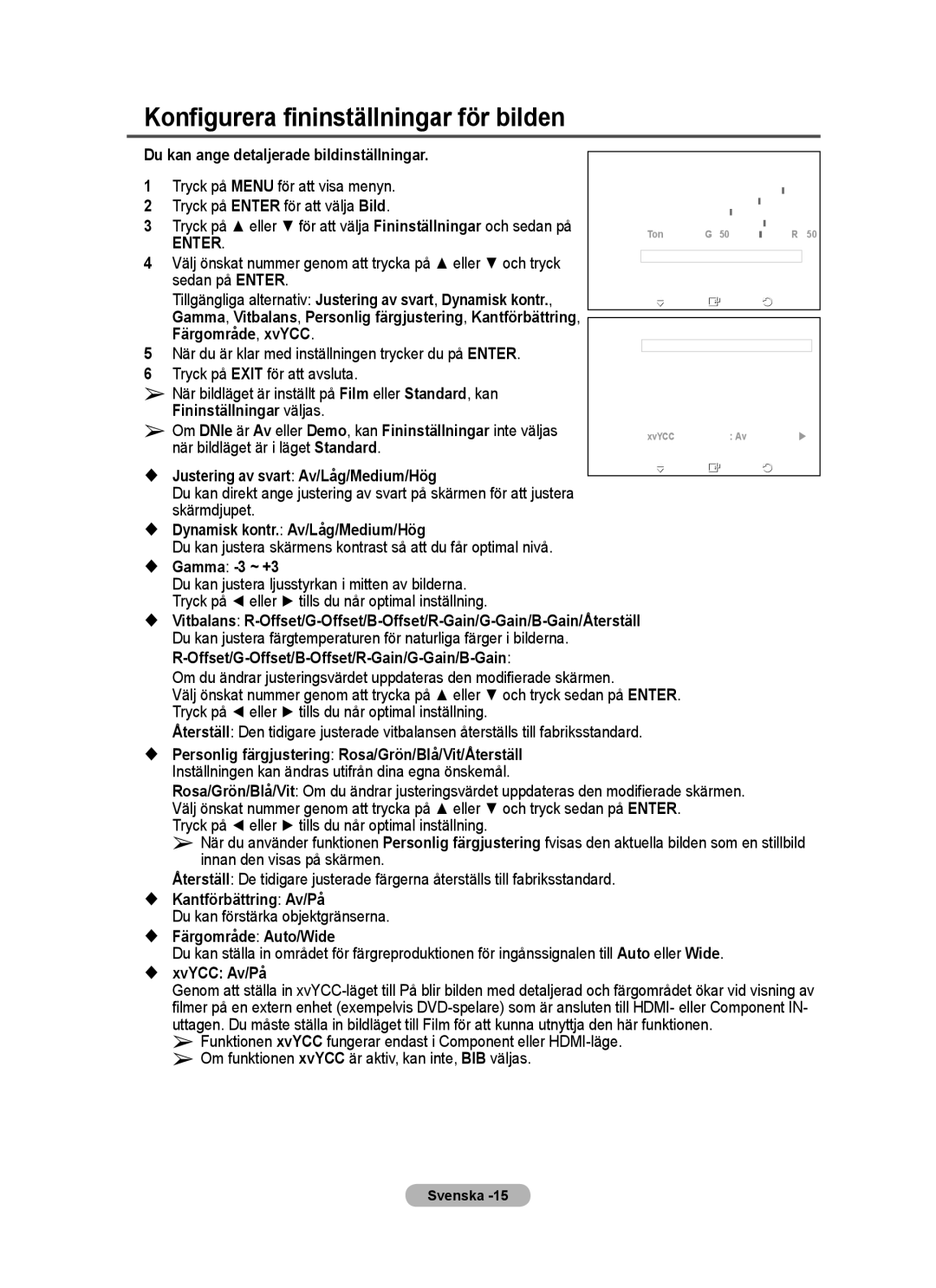 Samsung PPM63M7FSX/EDC manual Konfigurera fininställningar för bilden 