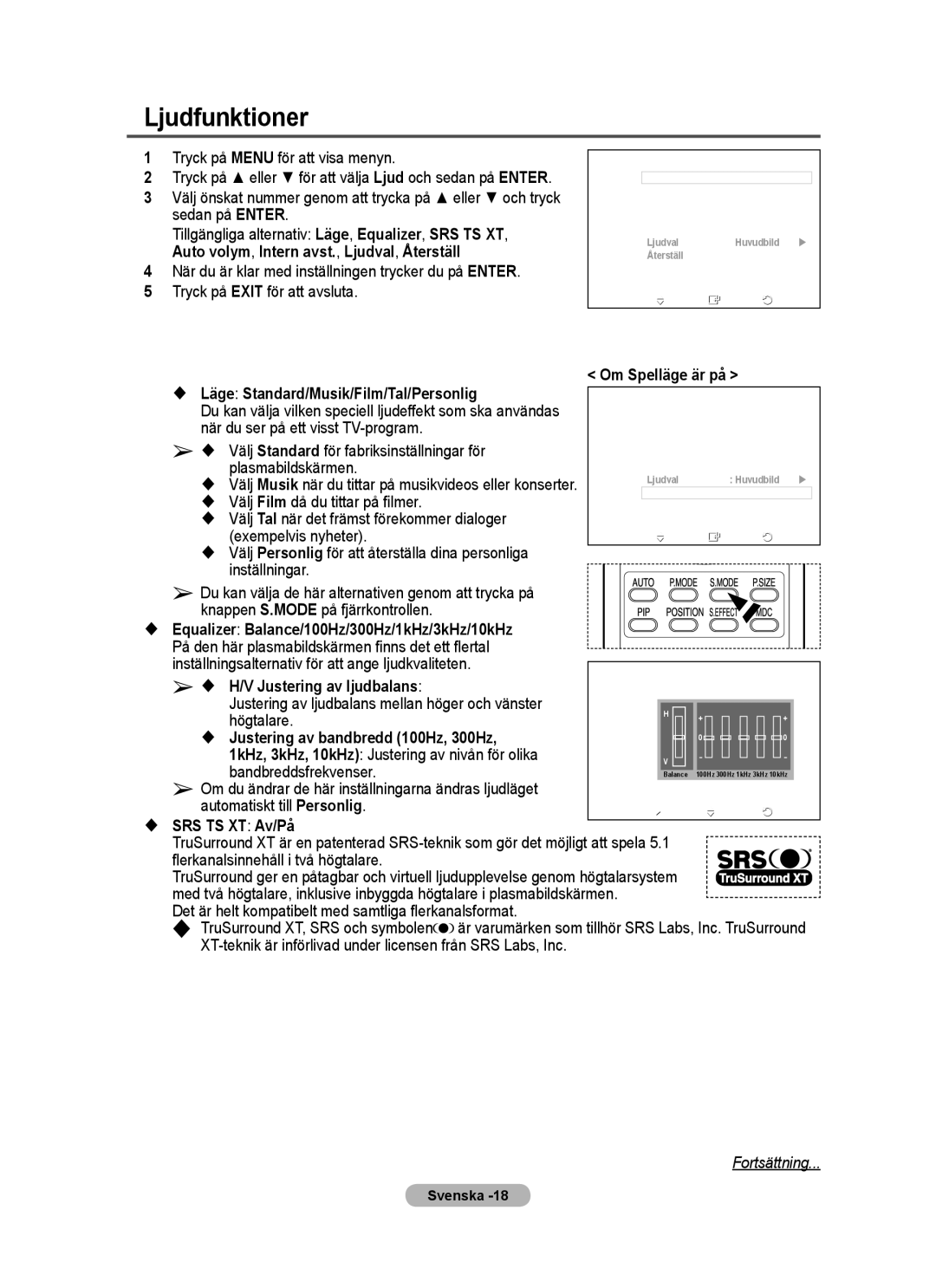 Samsung PPM63M7FSX/EDC manual Ljudfunktioner 