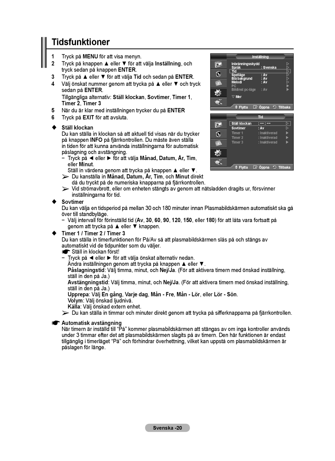 Samsung PPM63M7FSX/EDC manual Tidsfunktioner 