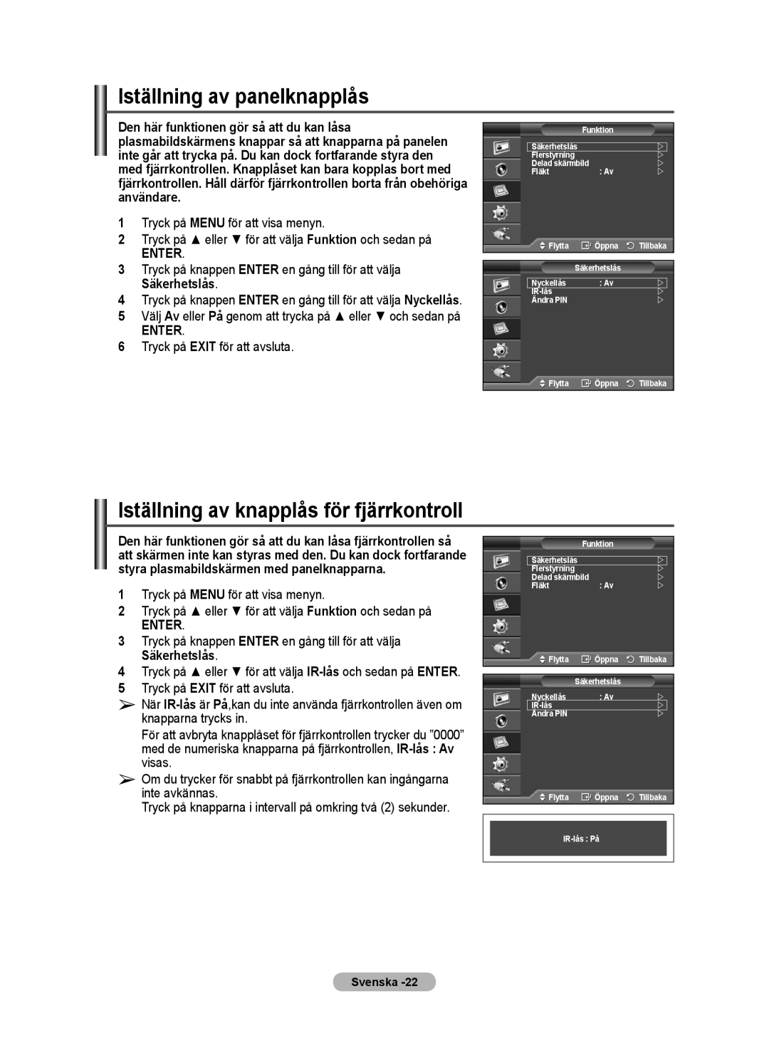 Samsung PPM63M7FSX/EDC manual Iställning av panelknapplås, Iställning av knapplås för fjärrkontroll 