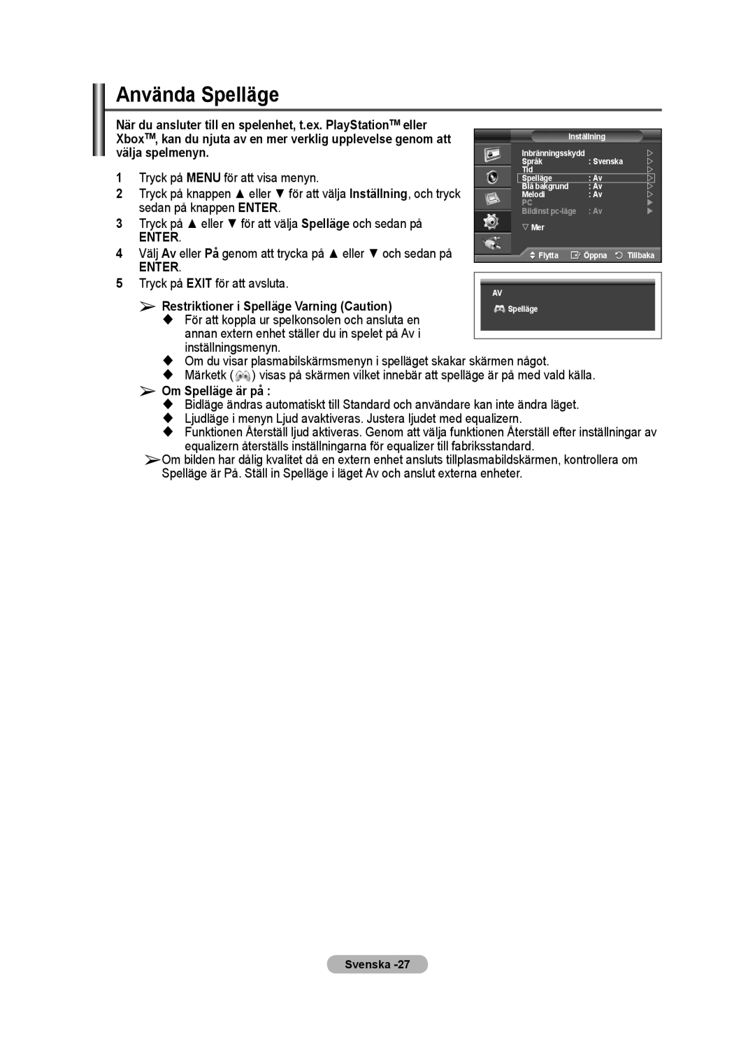 Samsung PPM63M7FSX/EDC manual Använda Spelläge, Välja spelmenyn, Tryck på eller för att välja Spelläge och sedan på 