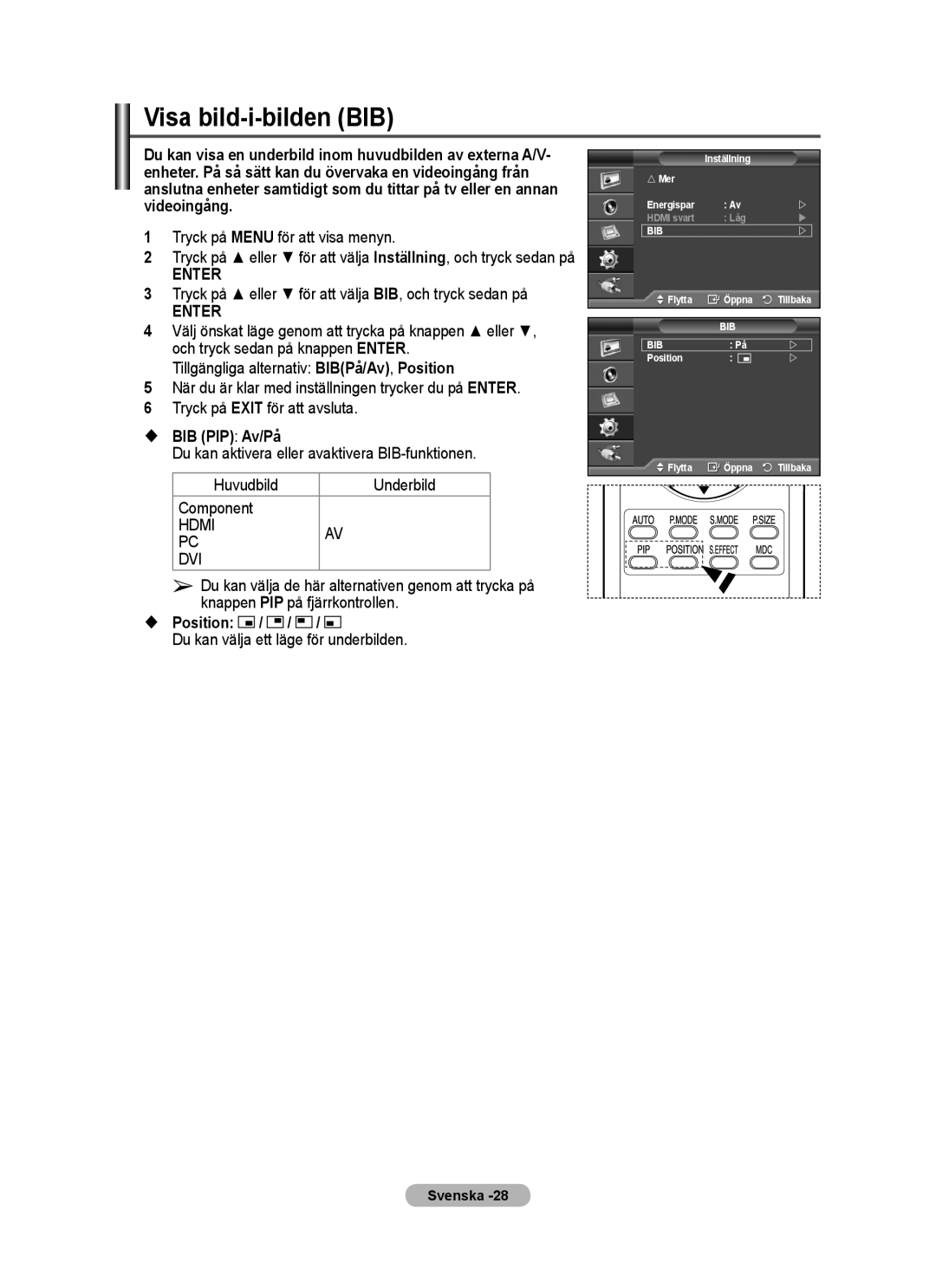 Samsung PPM63M7FSX/EDC manual Visa bild-i-bilden BIB, Tryck på eller för att välja BIB, och tryck sedan på,  BIB PIP Av/På 