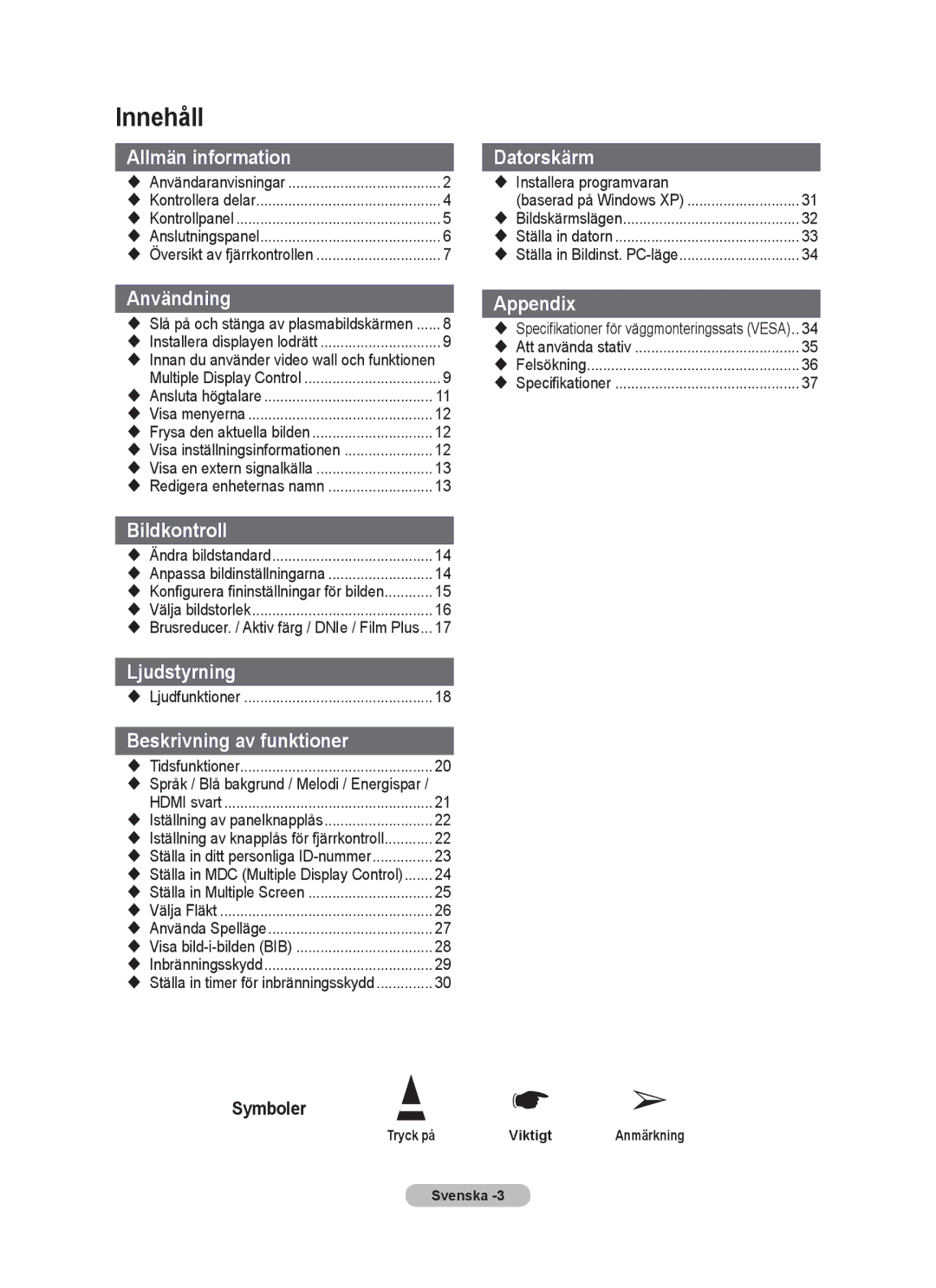 Samsung PPM63M7FSX/EDC manual Innehåll,  Innan du använder video wall och funktionen,  Installera programvaran 