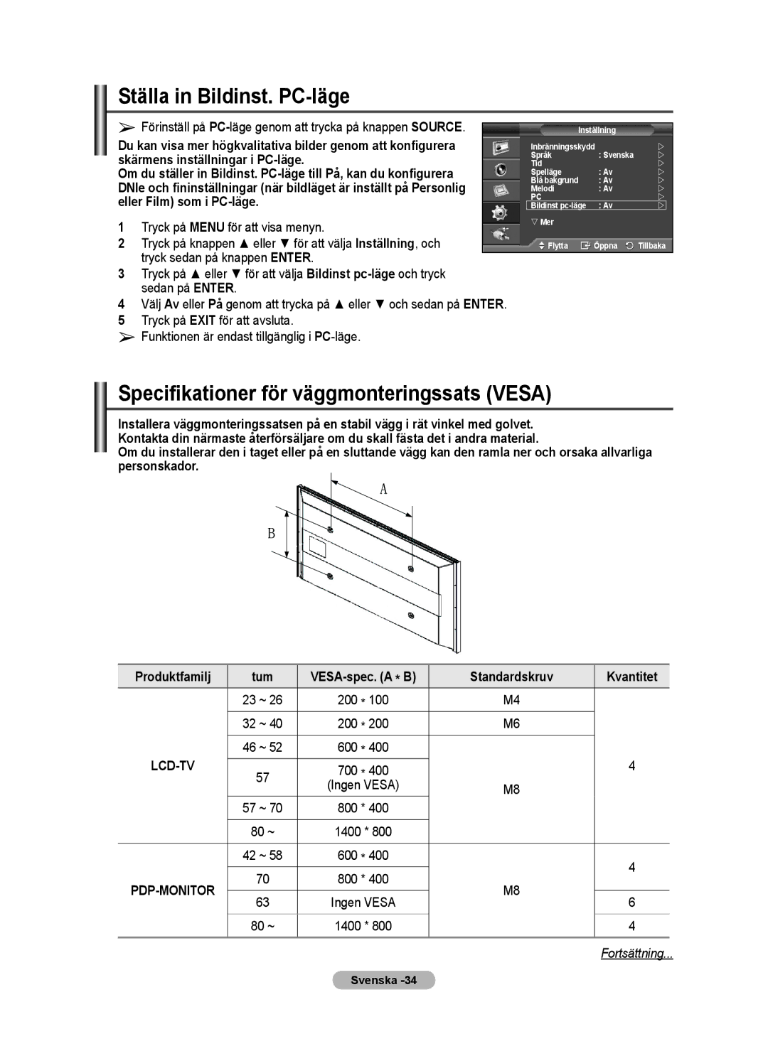 Samsung PPM63M7FSX/EDC Ställa in Bildinst. PC-läge, Specifikationer för väggmonteringssats Vesa, Eller Film som i PC-läge 