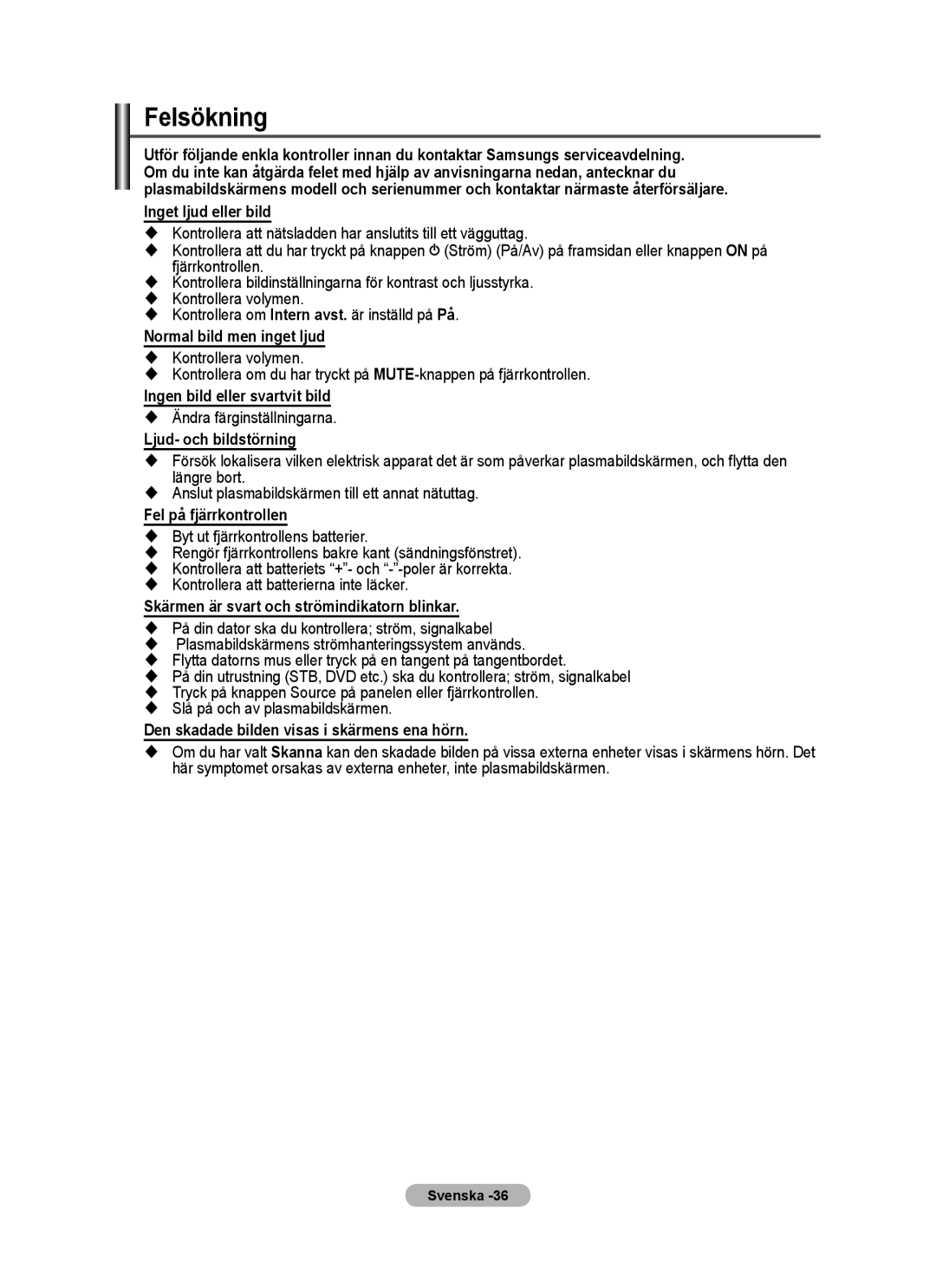 Samsung PPM63M7FSX/EDC manual Felsökning 