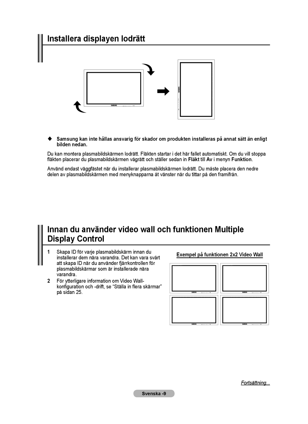 Samsung PPM63M7FSX/EDC manual Installera displayen lodrätt, Skapa ID för varje plasmabildskärm innan du, På sidan 