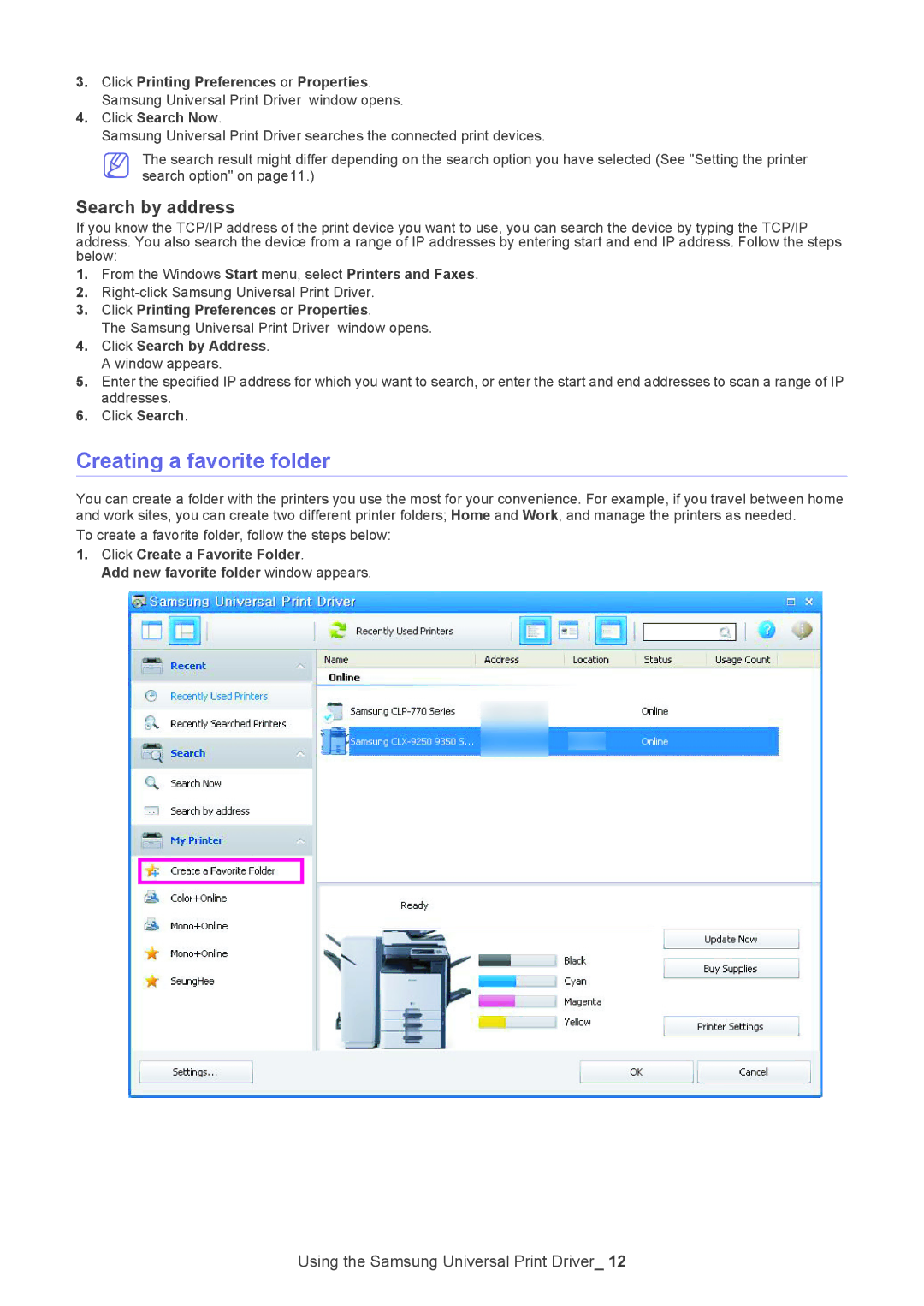 Samsung Printer manual Creating a favorite folder, Search by address, Click Printing Preferences or Properties 