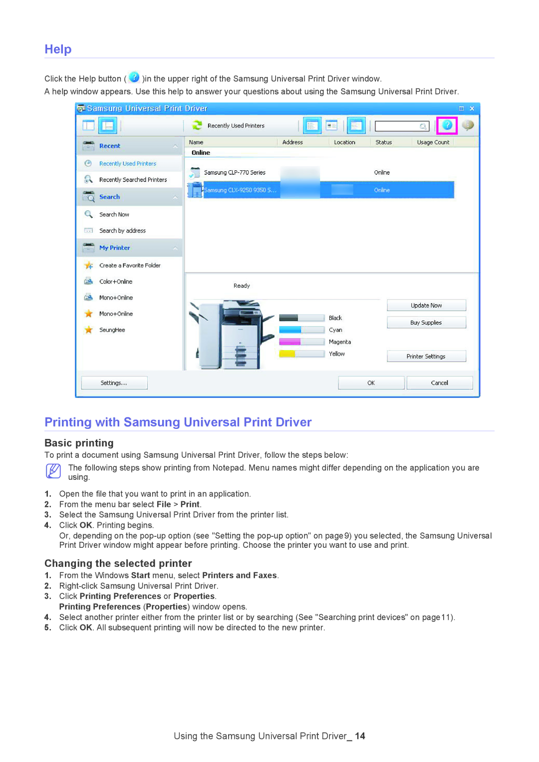 Samsung Printer manual Help, Printing with Samsung Universal Print Driver, Basic printing, Changing the selected printer 